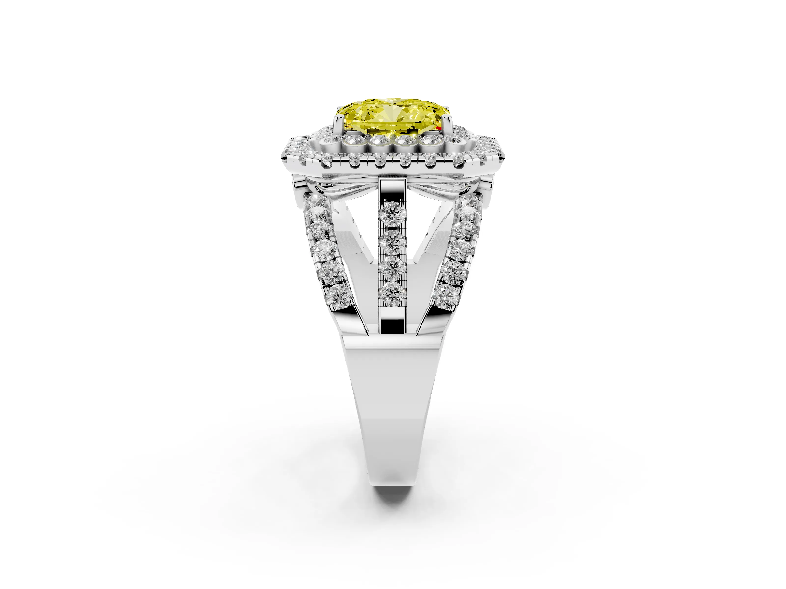 Fancy Yellow Emerald Cut Diamond Double Halo Ring Set in Silver with Round Pavé Split Shank