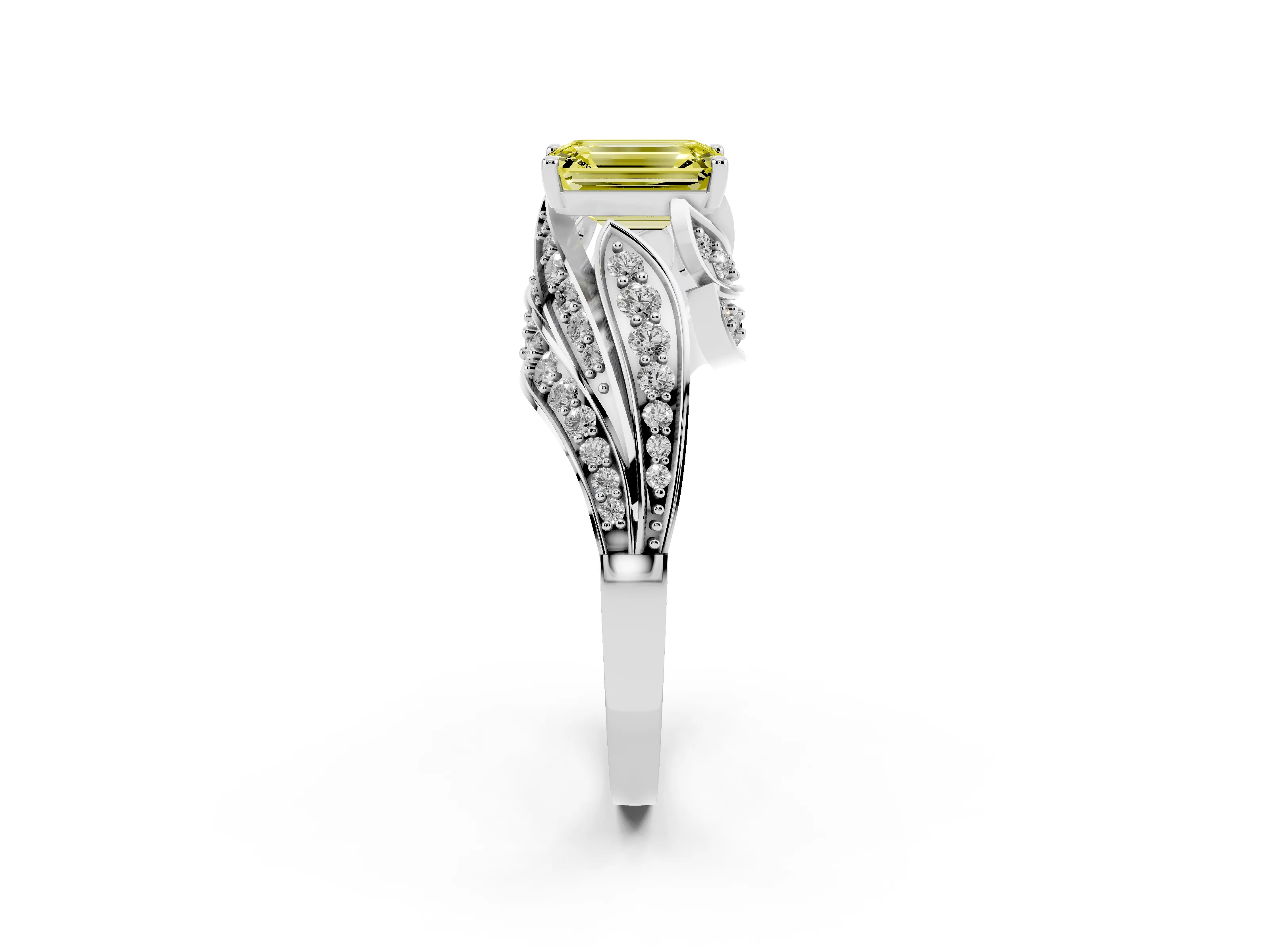 Fancy Yellow Emerald Cut Diamond Solitaire Ring Set in Silver with Layered Twist Pavé Band