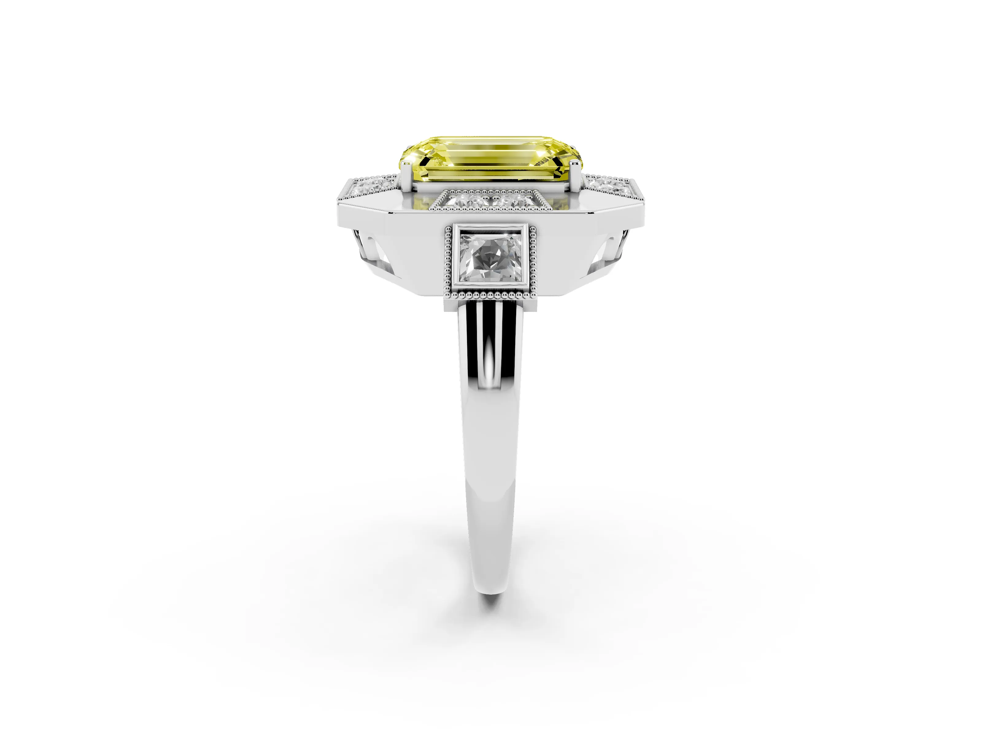 Fancy Yellow Emerald Cut Diamond Milgrain Halo Ring Set in Silver with Split Shank