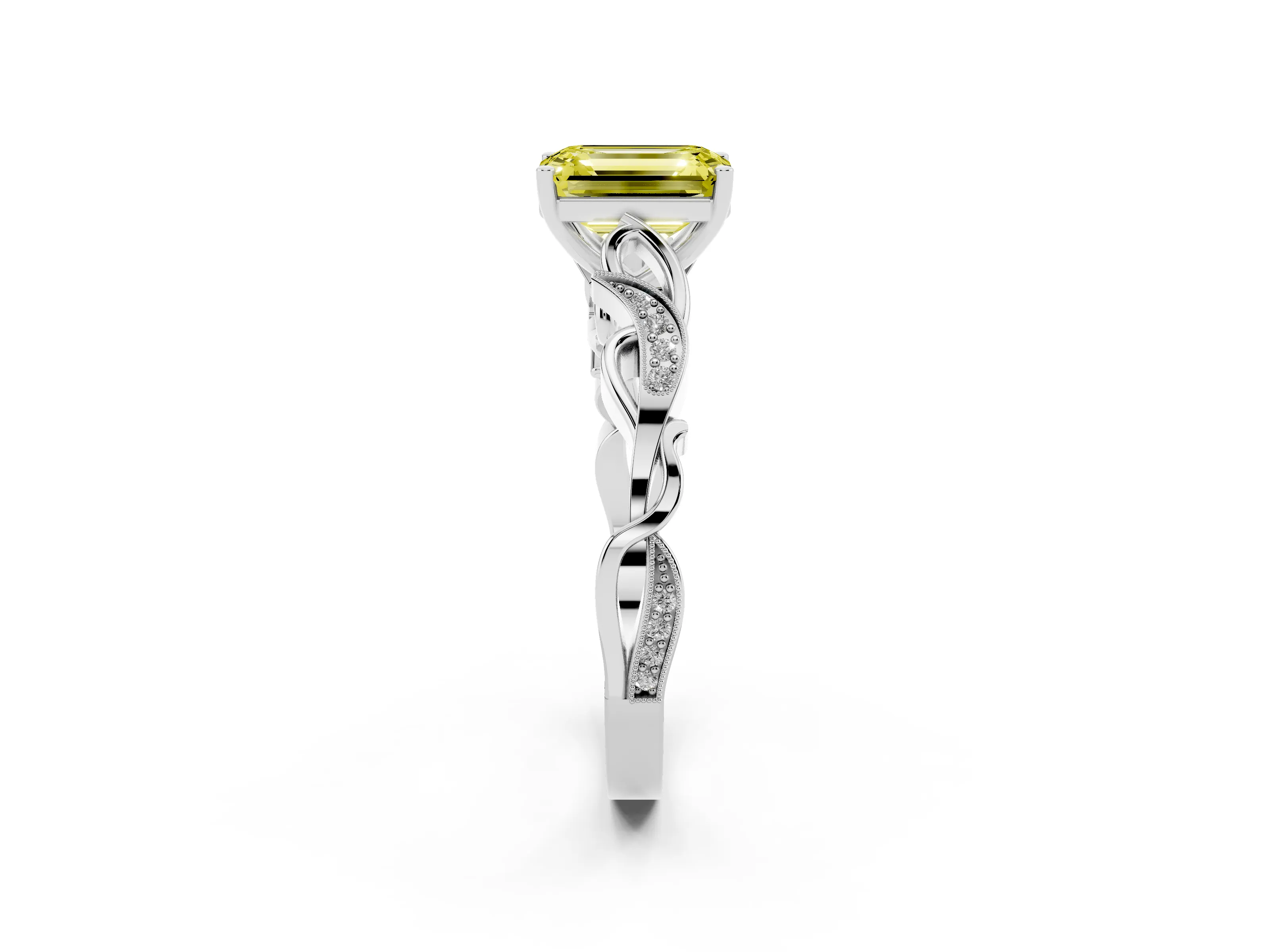 Fancy Yellow Emerald Cut Diamond Vine Band Solitaire Ring Set in White gold with Milgrain Prong Setting