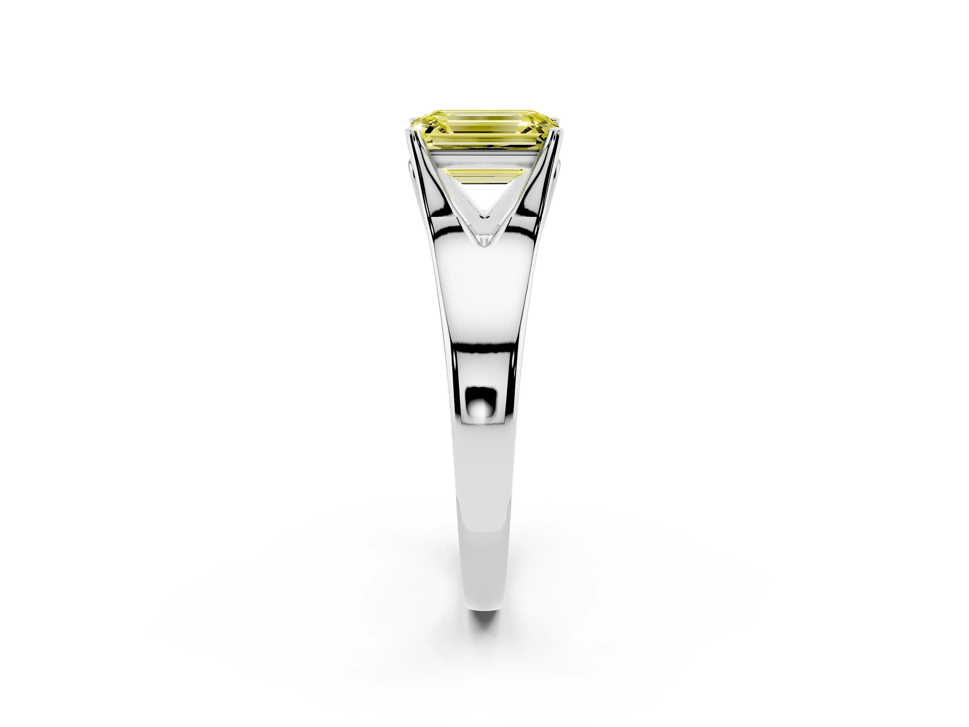 Fancy Yellow Emerald Cut Diamond Solitaire Ring Set in White gold with Arched Cathedral Band and Prong Setting