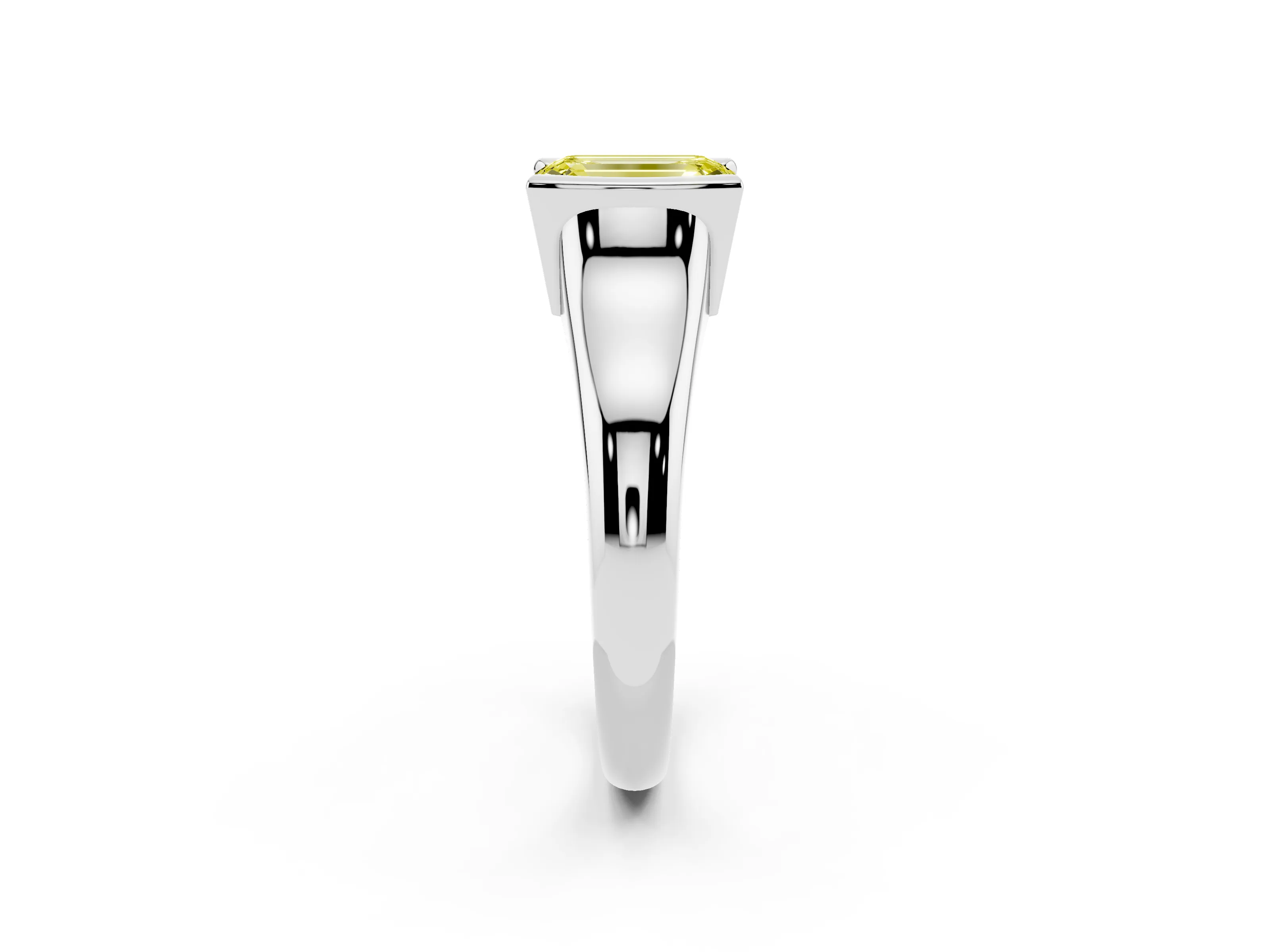 Fancy Yellow Emerald Cut Diamond Solitaire Tension Set Ring Set in White gold with Split Shank Band