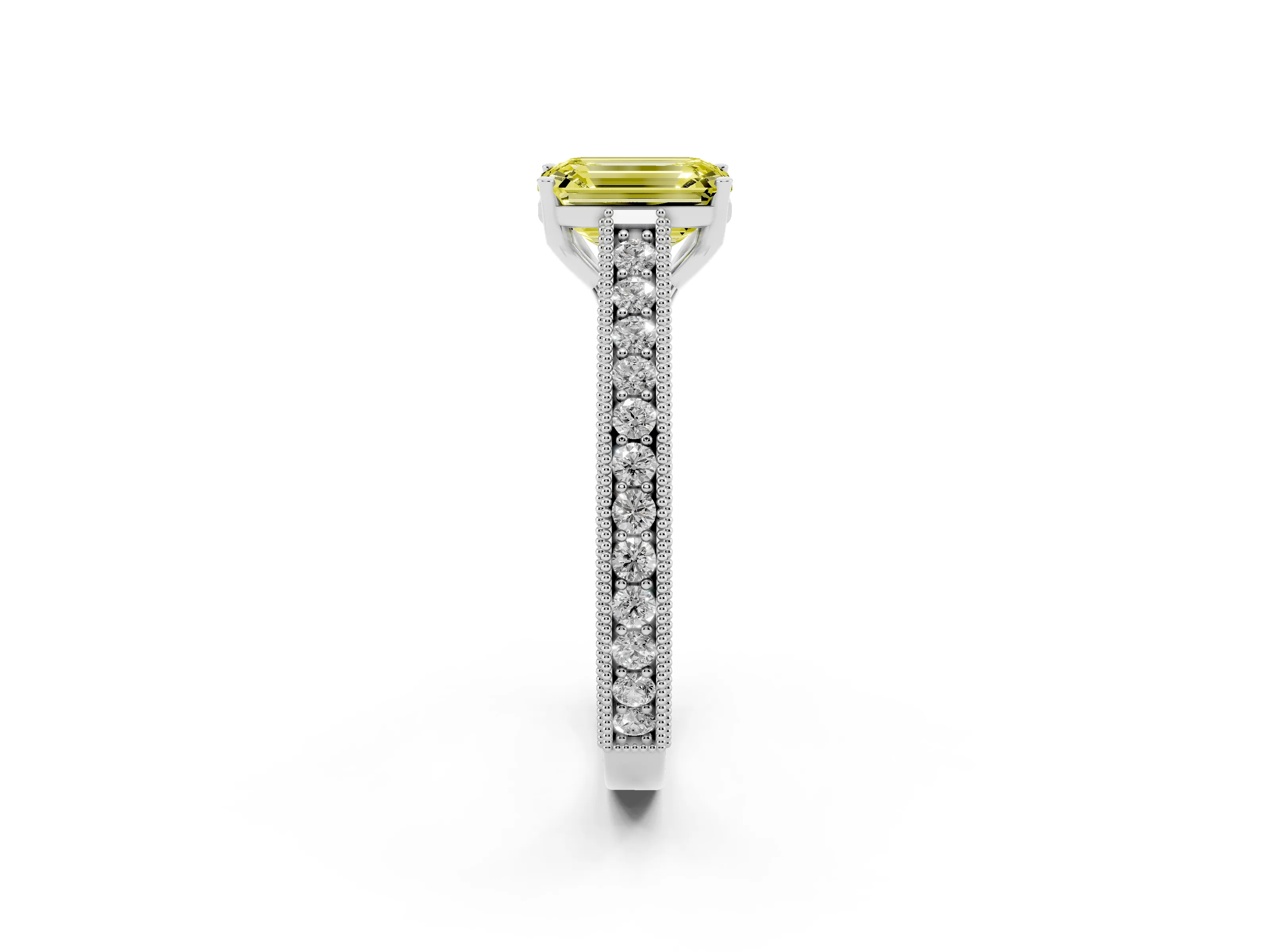 Fancy Yellow Emerald Cut Diamond Milgrain Pavé Band Solitaire Ring Set in Silver with Prong Setting