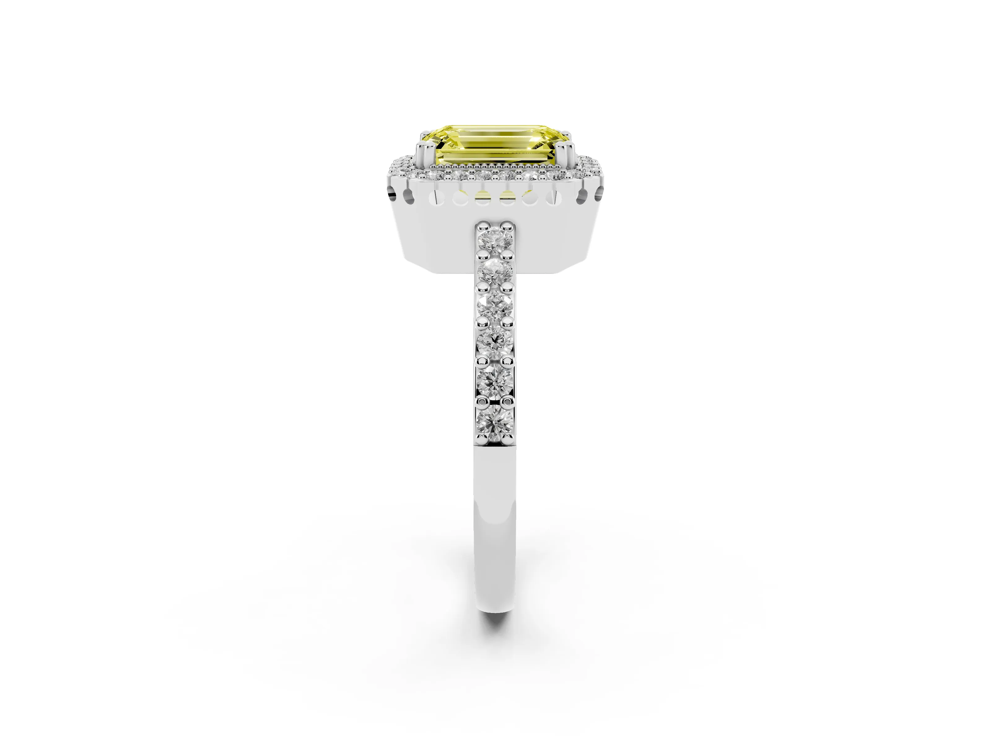 Fancy Yellow Emerald Cut Diamond Halo Engagement Ring Set in White gold with Milgrain Detail and Pavé Band