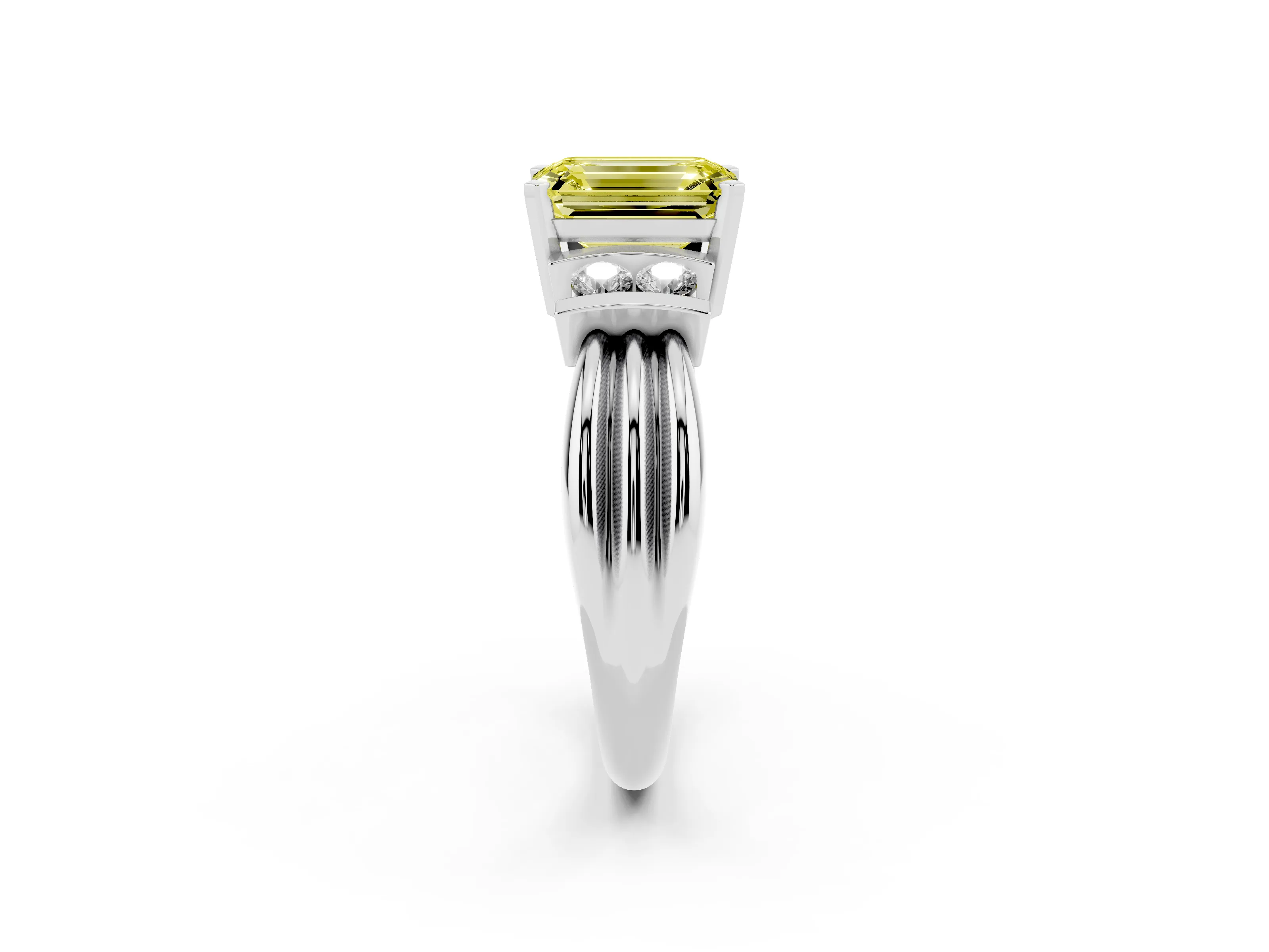 Fancy Yellow Three-Stone Emerald Cut Diamond Channel Set Ring Set in Silver with Bar Prongs