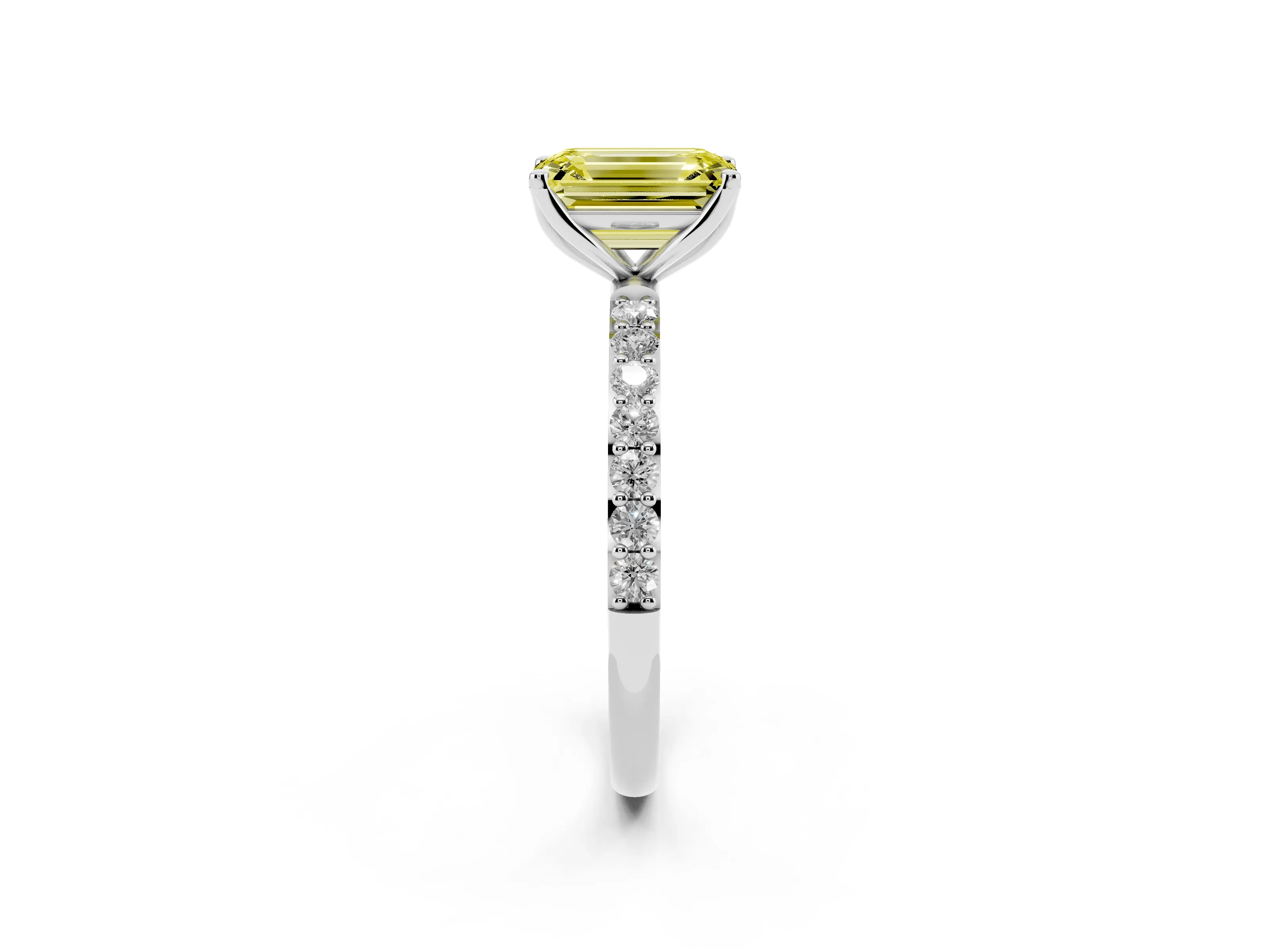 Fancy Yellow Emerald Cut Diamond Solitaire Engagement Ring Set in White gold with Round Pavé Band and Prong Setting