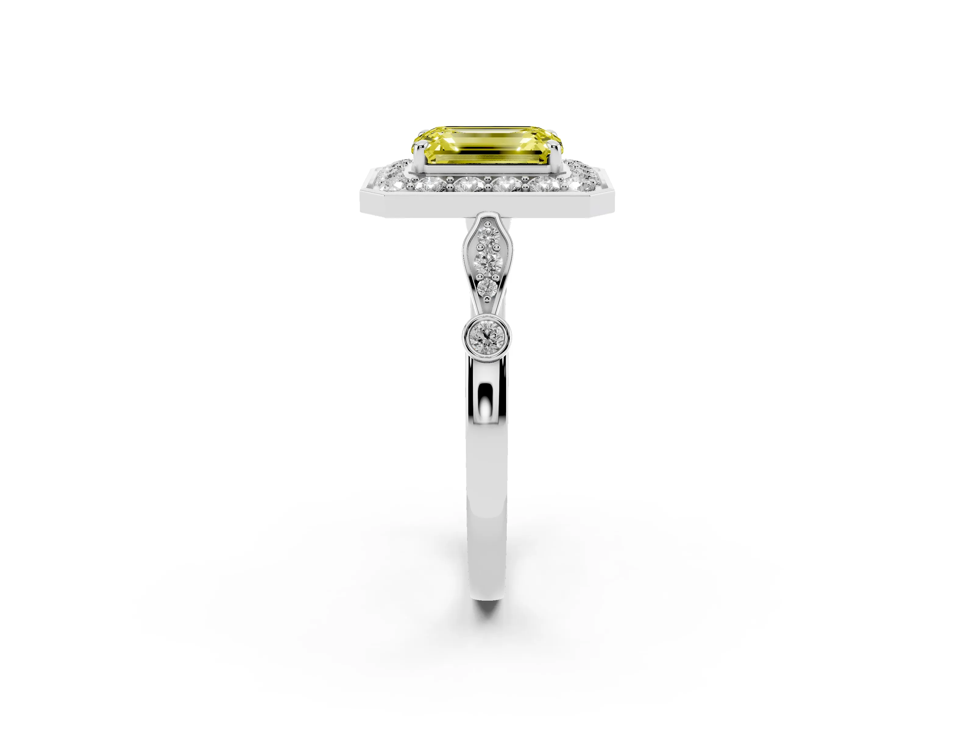 Fancy Yellow Emerald Cut Diamond Halo Engagement Ring Set in Platinum with Twisted Band and Prong Setting