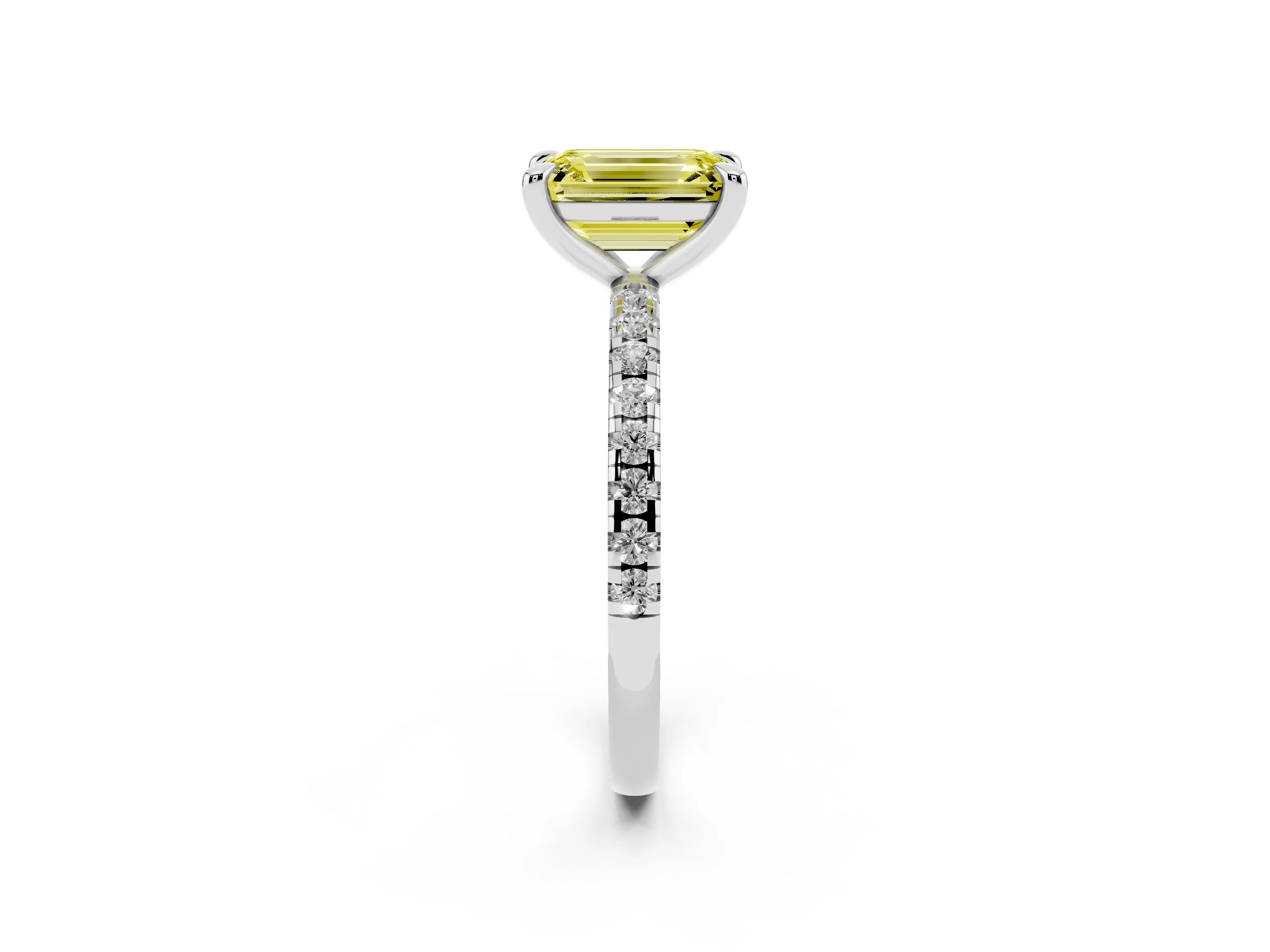 Fancy Yellow Emerald Cut Diamond Brilliant Solitaire Ring Set in White gold with Pavé Band and Prong Setting