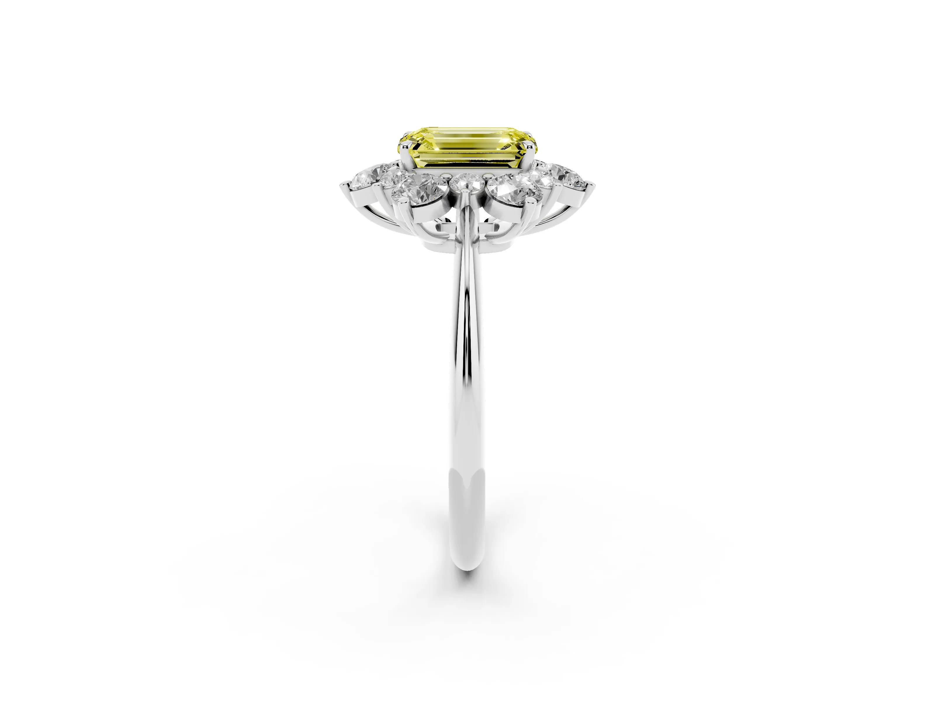 Fancy Yellow Emerald Cut Diamond Cluster Halo Ring Set in White gold with Solitaire Band and Prong Setting