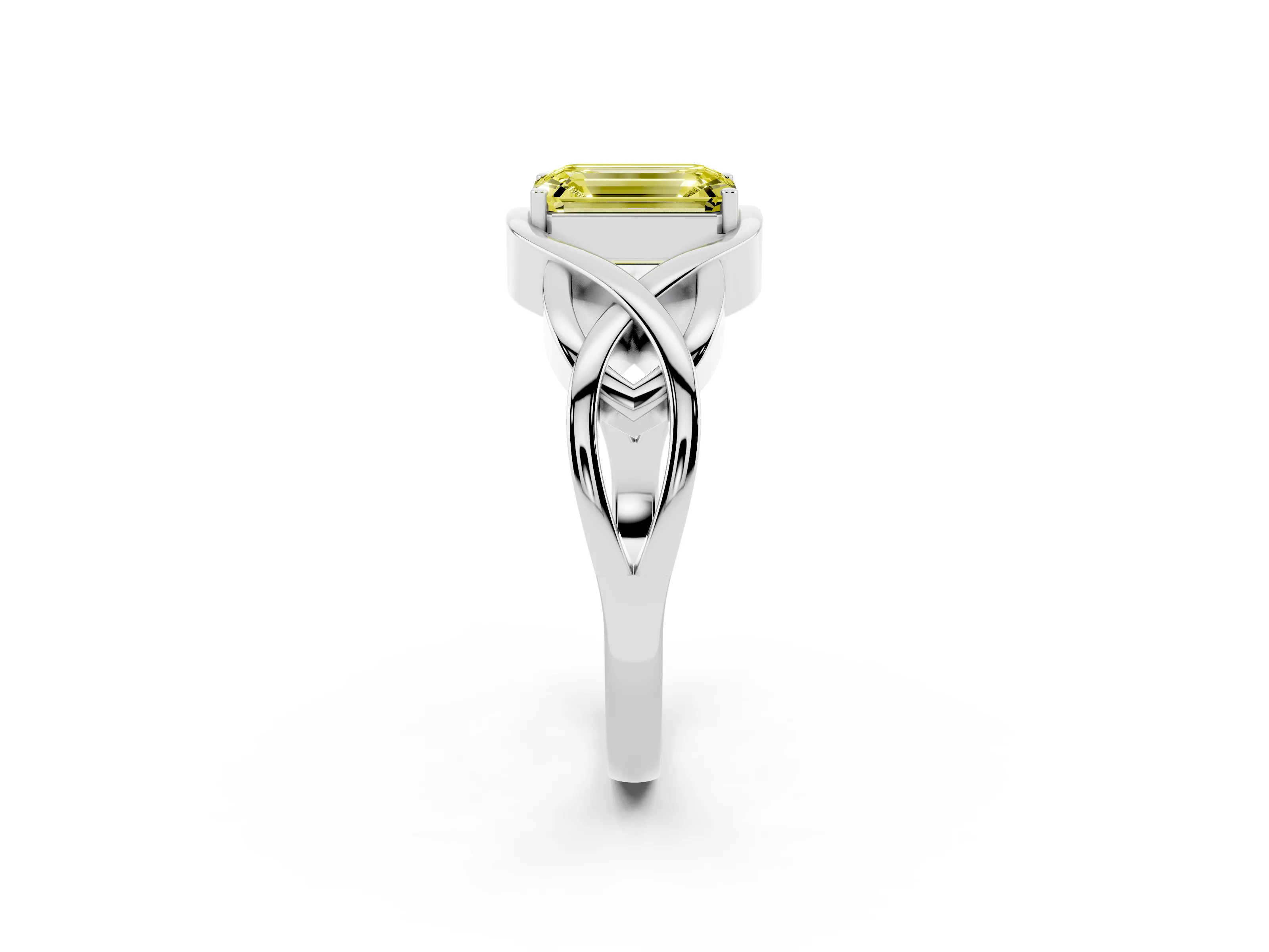 Fancy Yellow Emerald Cut Diamond Solitaire Ring Set in Platinum with Intertwined Band