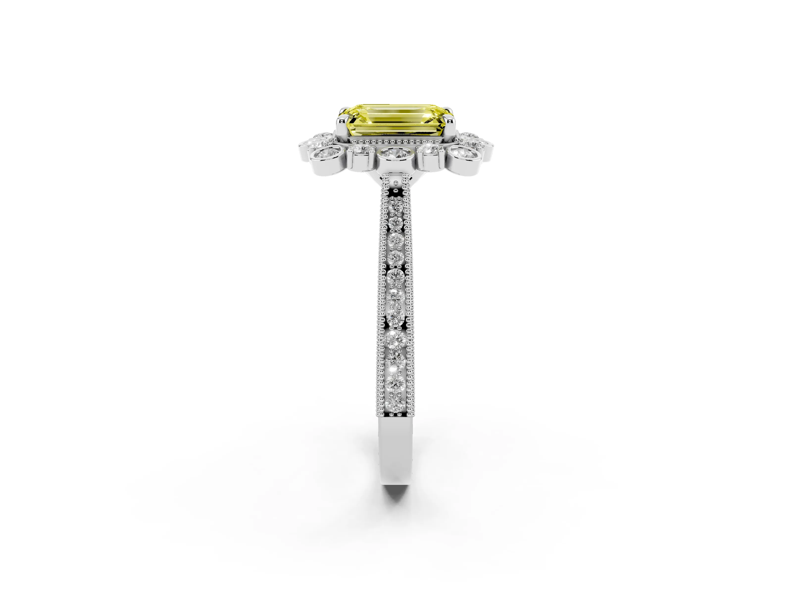 Fancy Yellow Emerald Cut Diamond Halo Milgrain Pavé Ring Set in White gold with Prong Setting