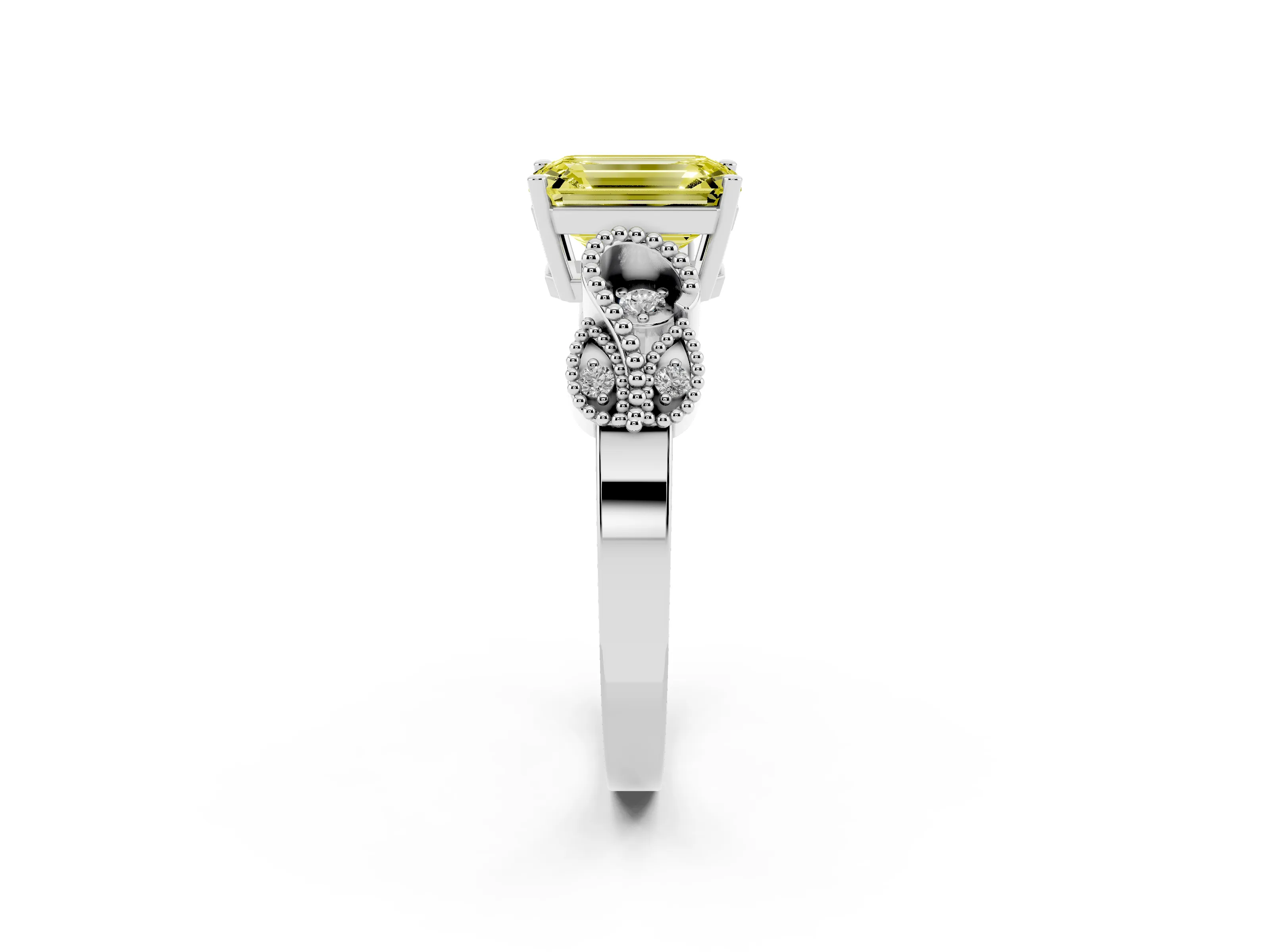 Fancy Yellow Emerald Cut Diamond Milgrain Leaf Band Solitaire Ring Set in White gold with Accent Stones and Prong Setting