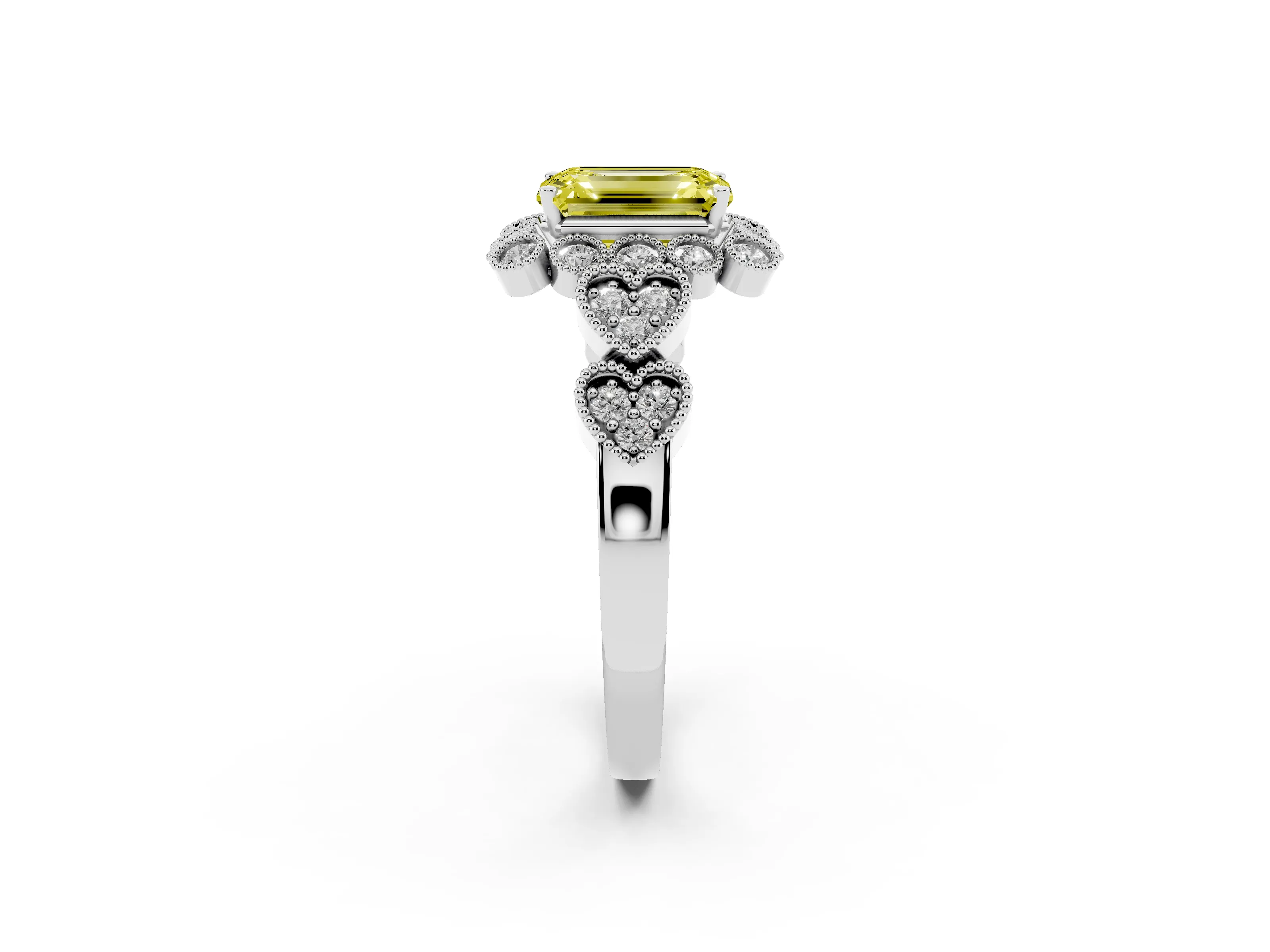 Fancy Yellow Emerald Cut Diamond Solitaire Ring Set in White gold with Milgrain Pavé Heart Band