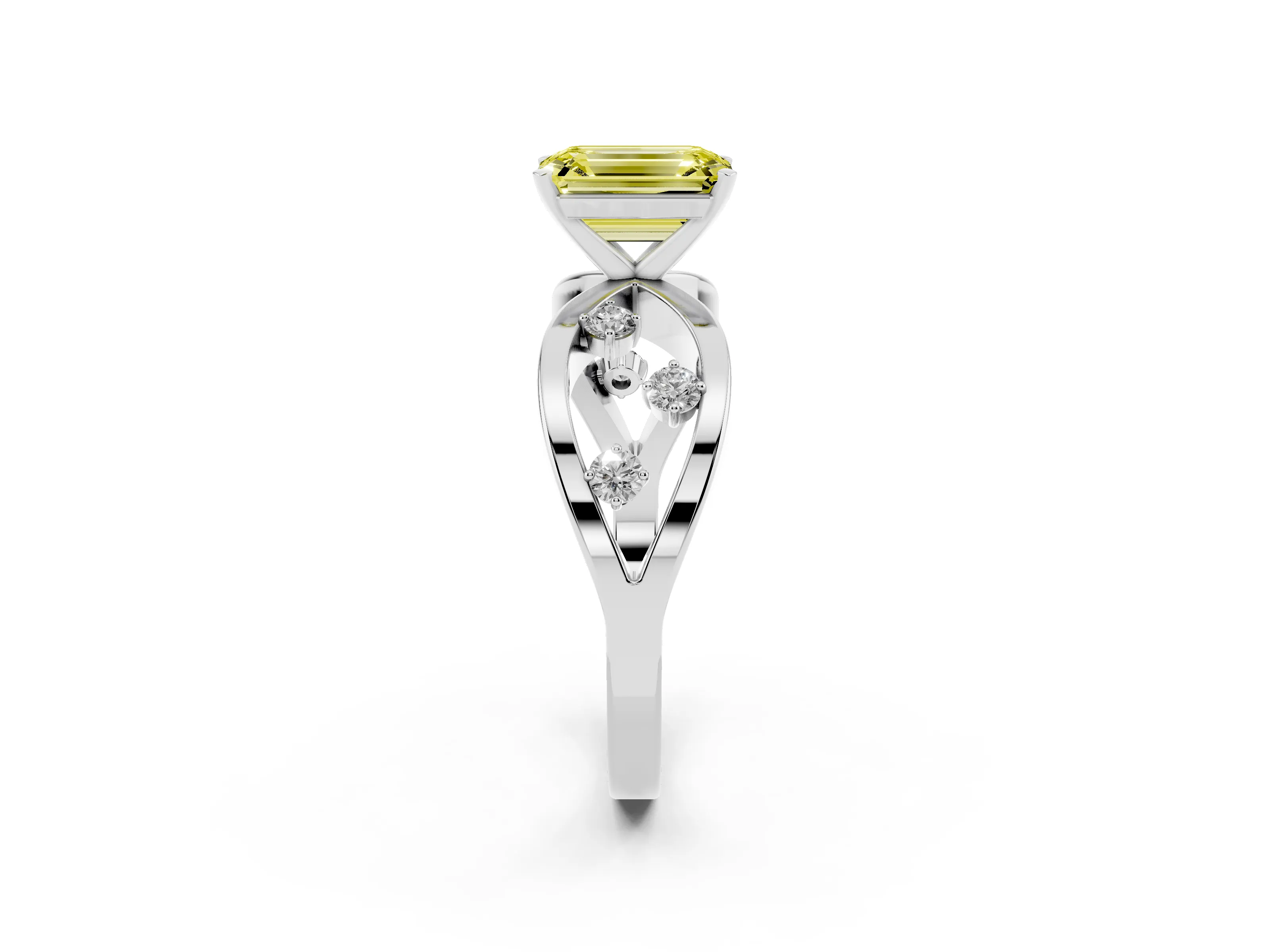 Fancy Yellow Emerald Cut Diamond Solitaire Ring Set in Platinum with Side Stones on Criss-Cross Band and Prong Setting