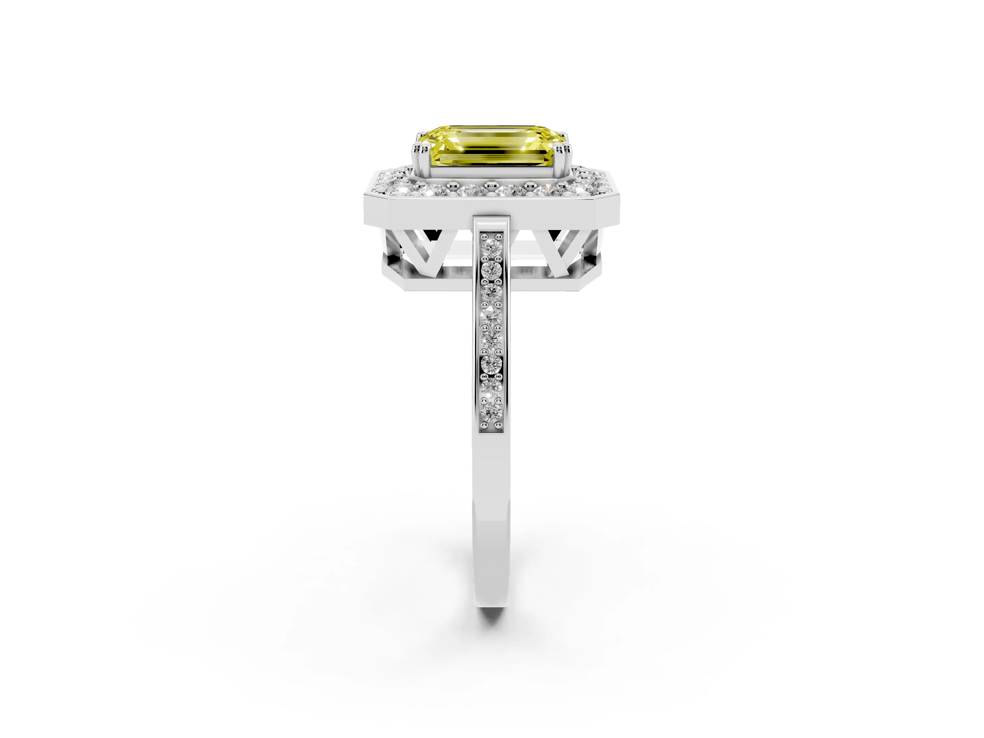 Fancy Yellow Emerald Cut Diamond Halo Ring Set in White gold with Accent-Lined Split Shank and Prong Setting