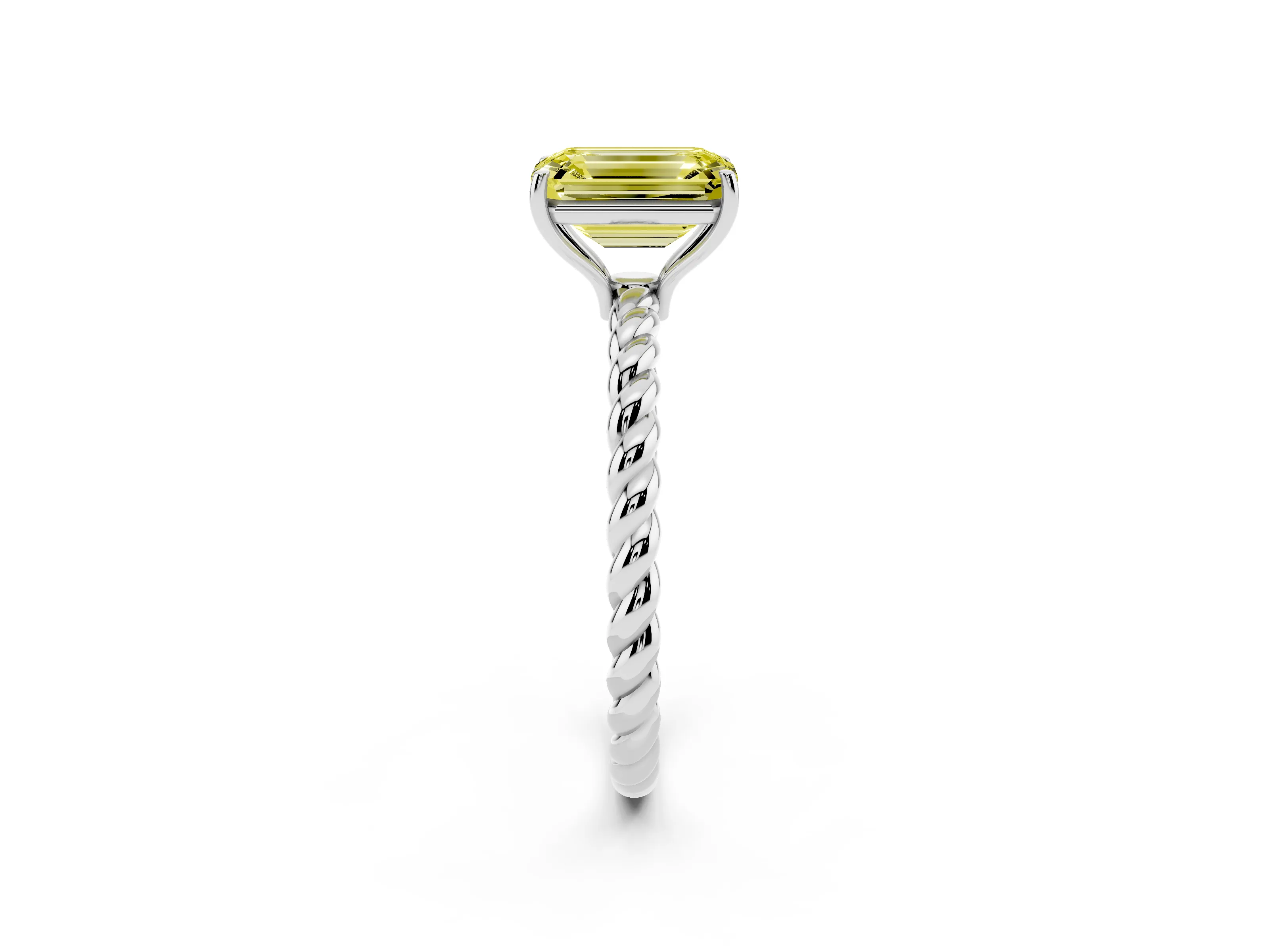 Fancy Yellow Emerald Cut Diamond Solitaire Ring Set in White gold with Twist Band and Prong Setting