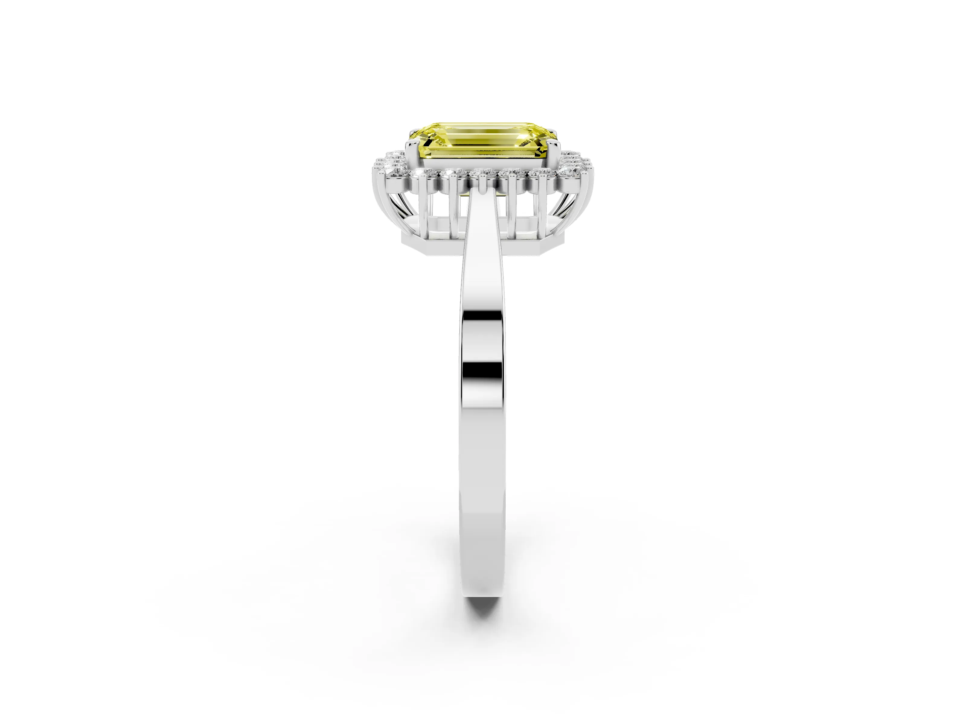 Fancy Yellow Emerald Cut Diamond Halo Ring Set in White gold with Round Halo and Smooth Solitaire Band