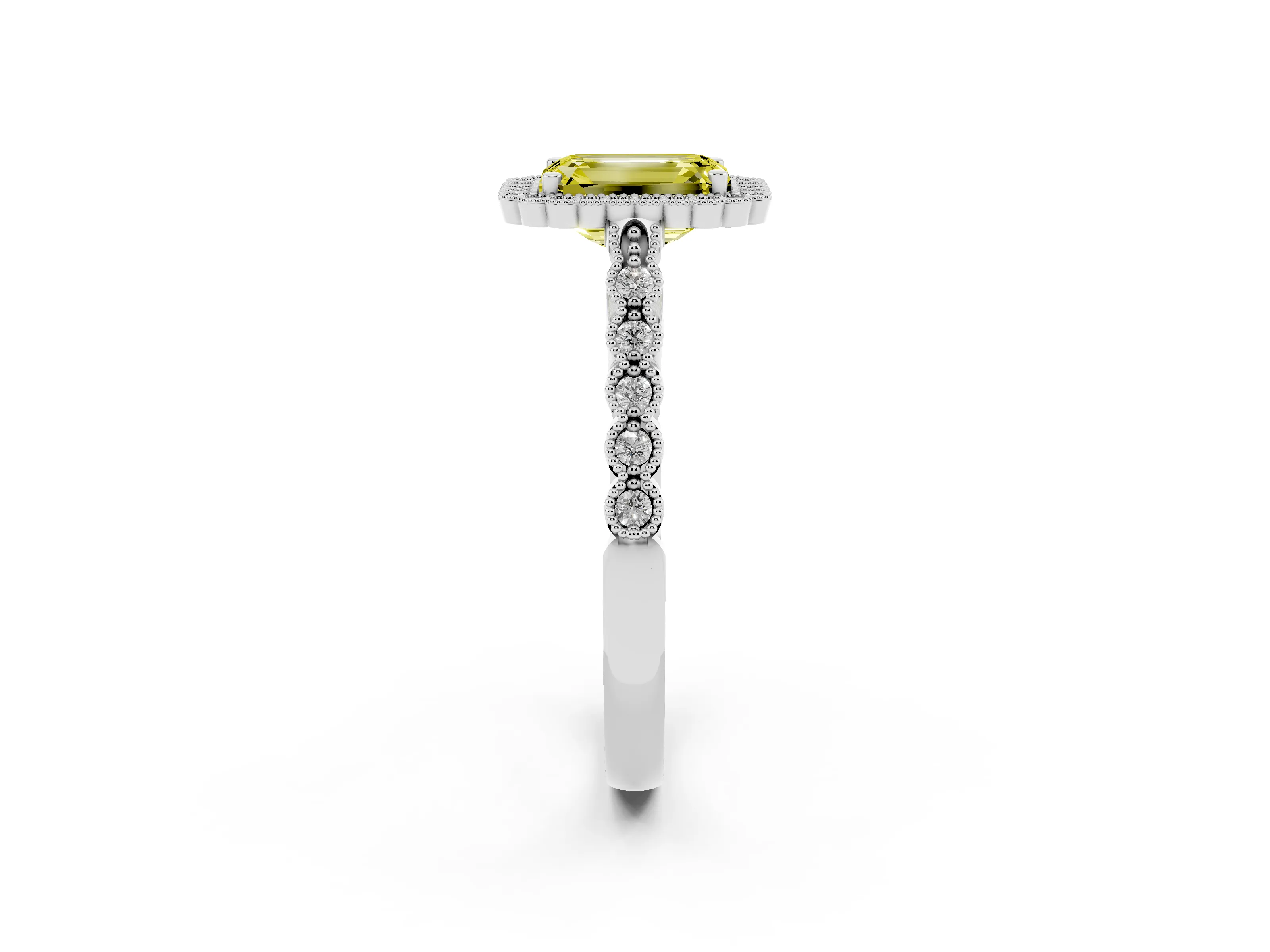 Fancy Yellow Emerald Cut Diamond Halo Ring Set in White gold with Pavé Milgrain Band