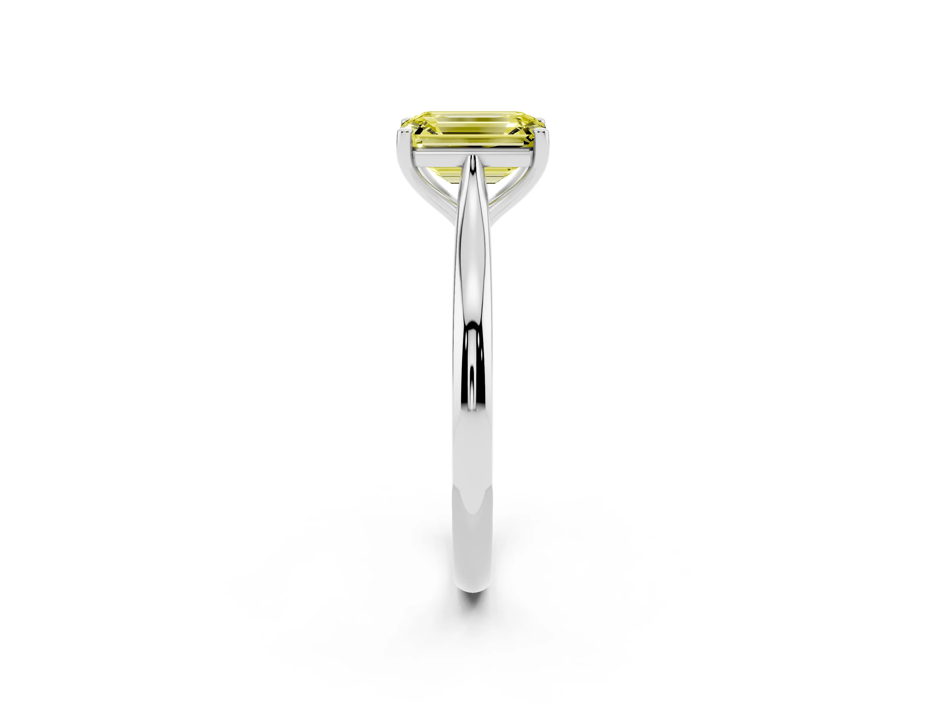Fancy Yellow Emerald Cut Diamond Solitaire Ring Set in Silver with Cathedral Band and Prong Setting