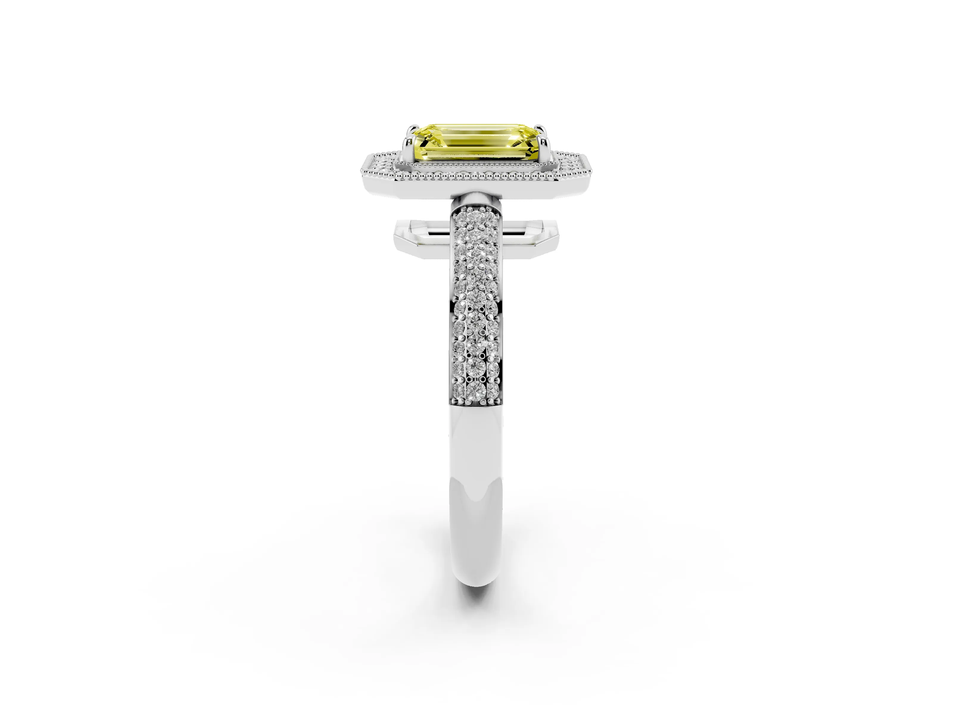 Fancy Yellow Emerald Cut Diamond Halo Pavé Band Set in Platinum with Prong Setting