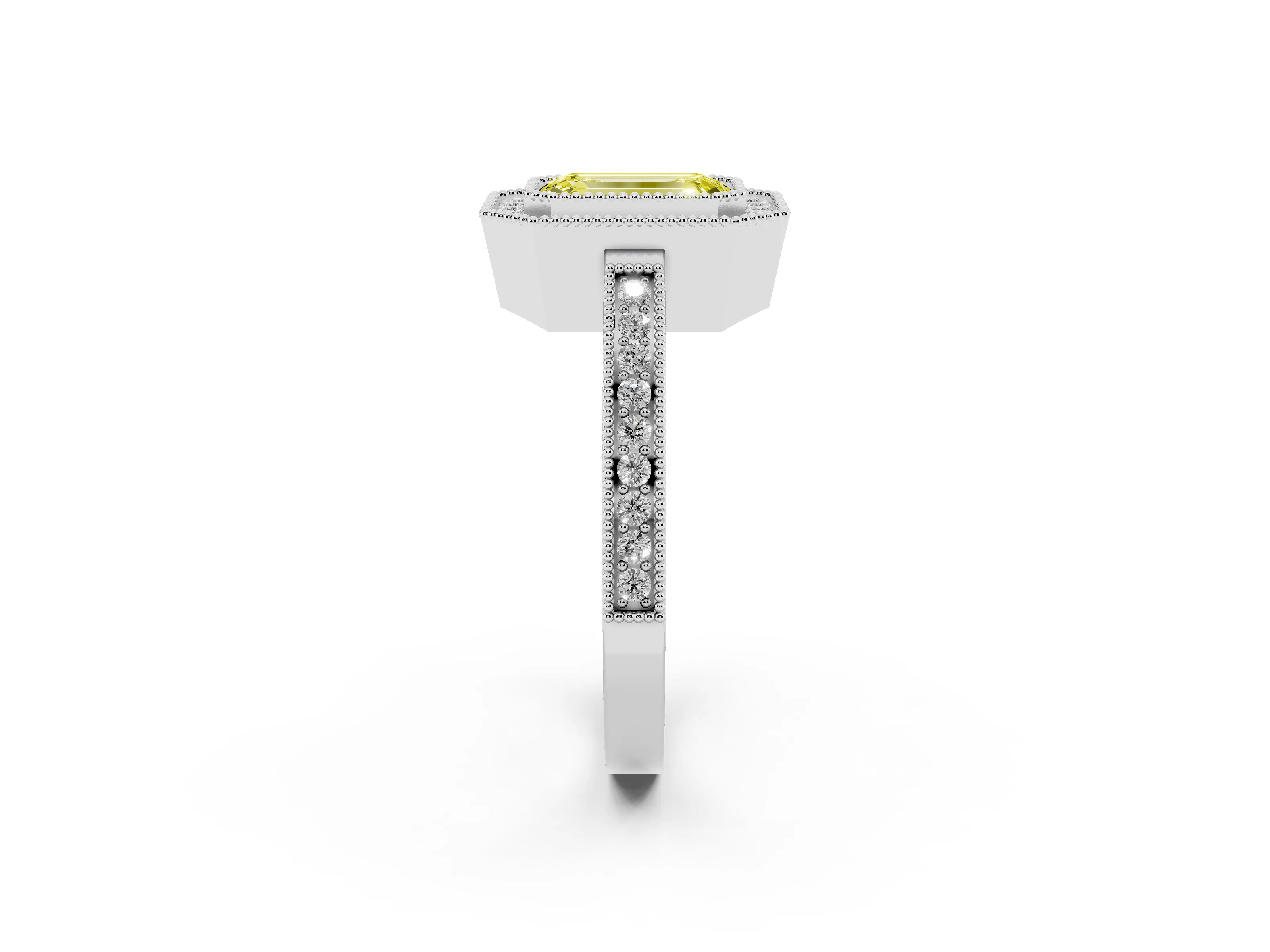 Fancy Yellow Emerald Cut Diamond Halo Ring Set in White gold with Pavé Band and Milgrain-Edged Prongs
