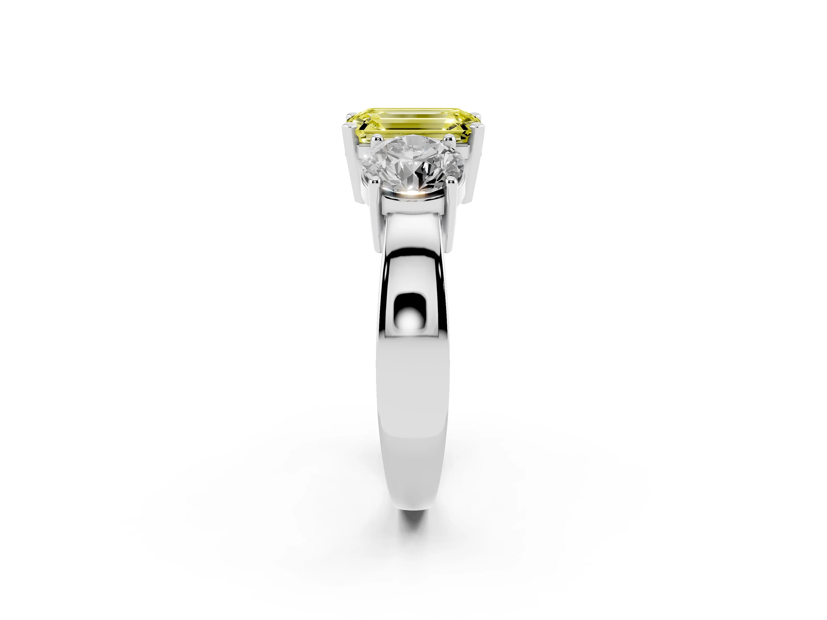 Fancy Yellow Emerald Cut Diamond Three-Stone Ring Set in White gold with Round Side Stones and Classic Band