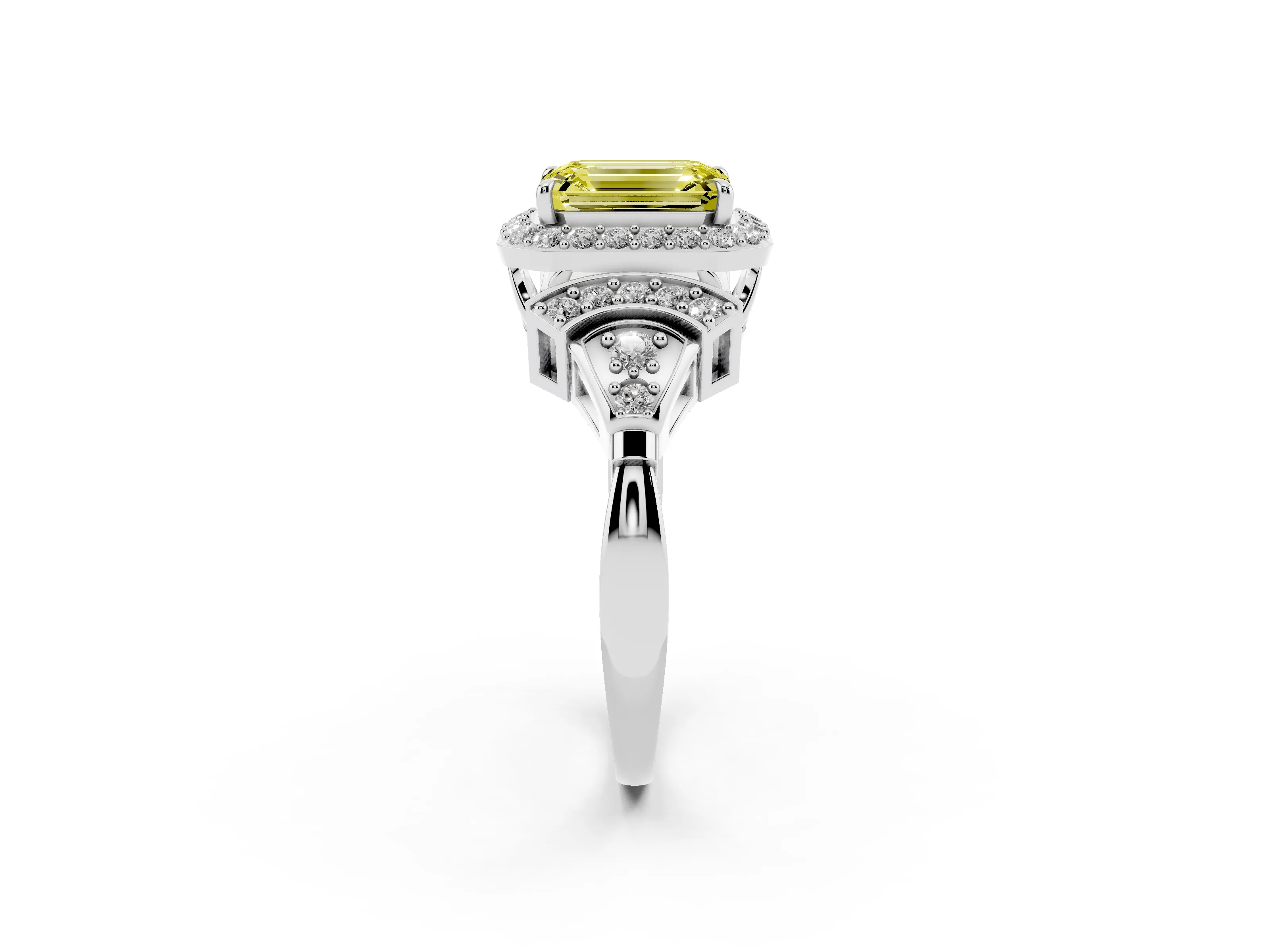 Fancy Yellow Emerald Cut Diamond Halo Engagement Ring Set in White gold with Accent Stone Split Shank