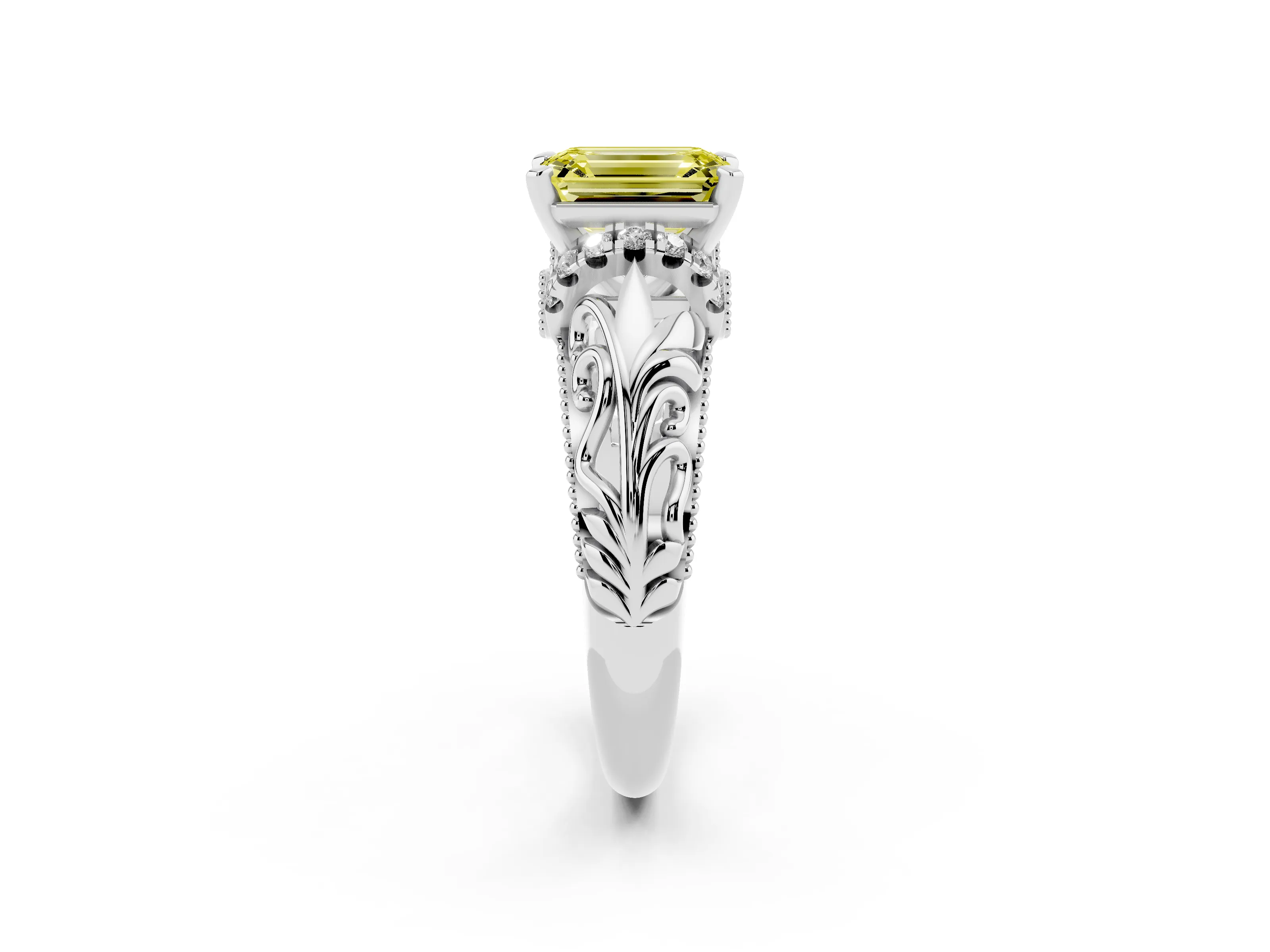 Fancy Yellow Emerald Cut Diamond Filigree Halo Engagement Ring Set in White gold with Prong Setting