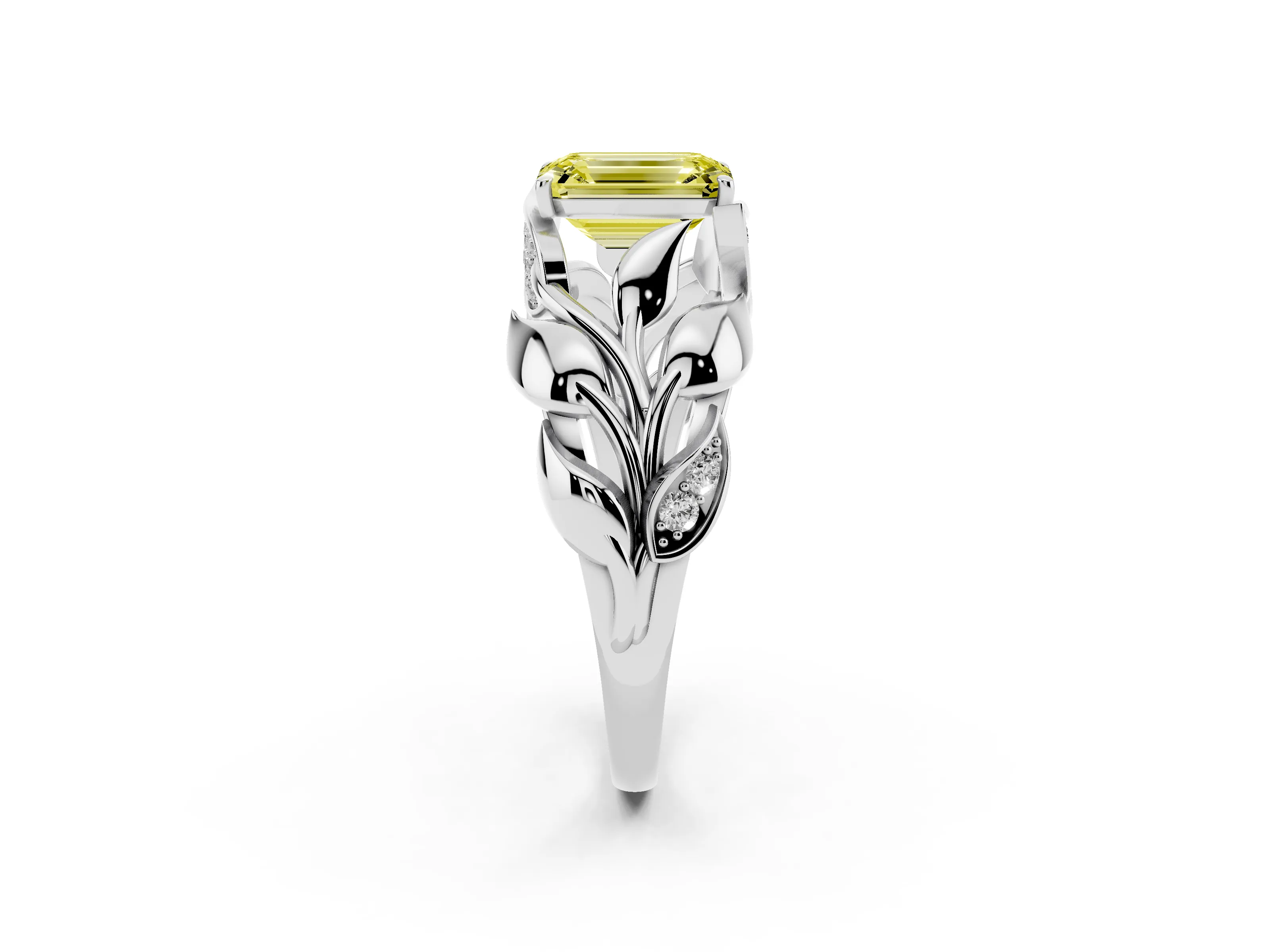 Fancy Yellow Emerald Cut Diamond Leaf-Inspired Engagement Ring Set in Silver with Round Accents