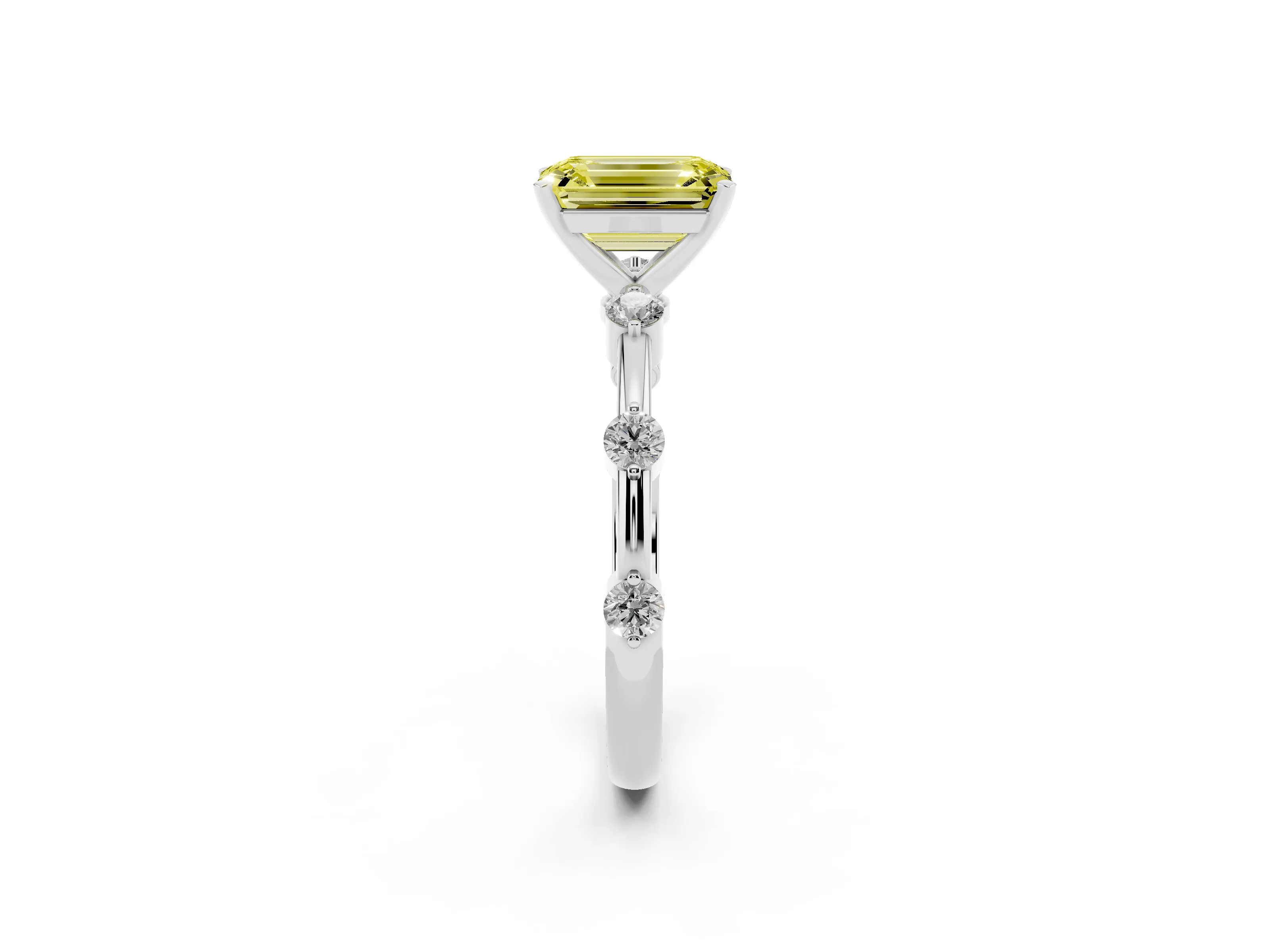 Fancy Yellow Emerald Cut Diamond Solitaire Ring Set in White gold with Bezel Set Side Stones and Prong Setting