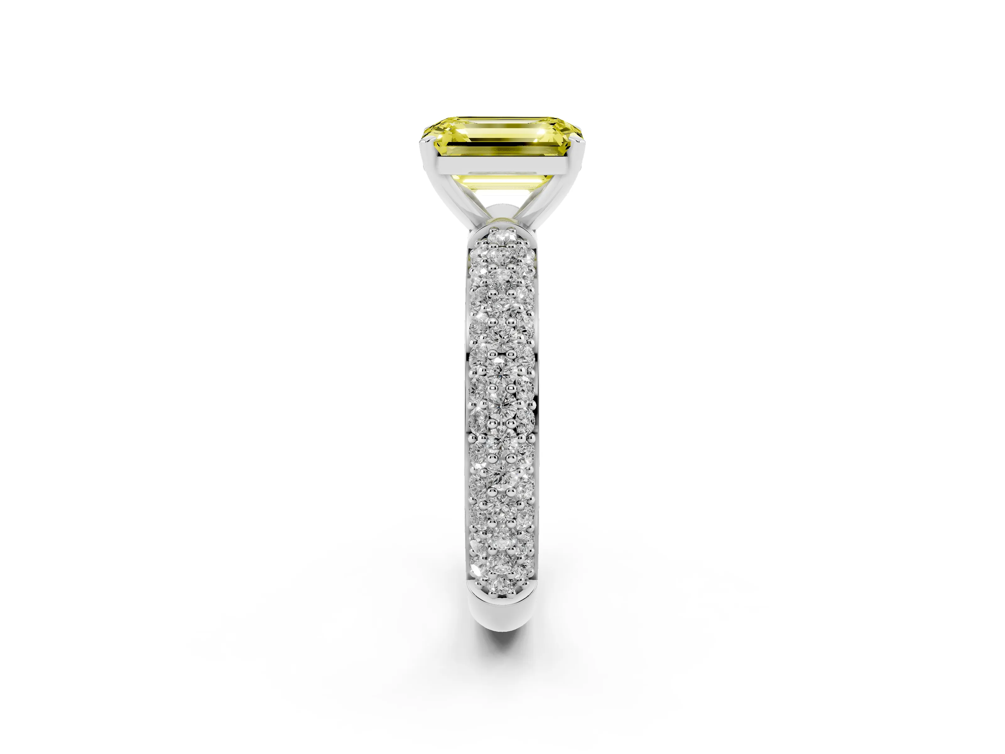 Fancy Yellow Emerald Cut Diamond Solitaire Ring Set in Platinum with Prong Setting and Pavé-Set Band