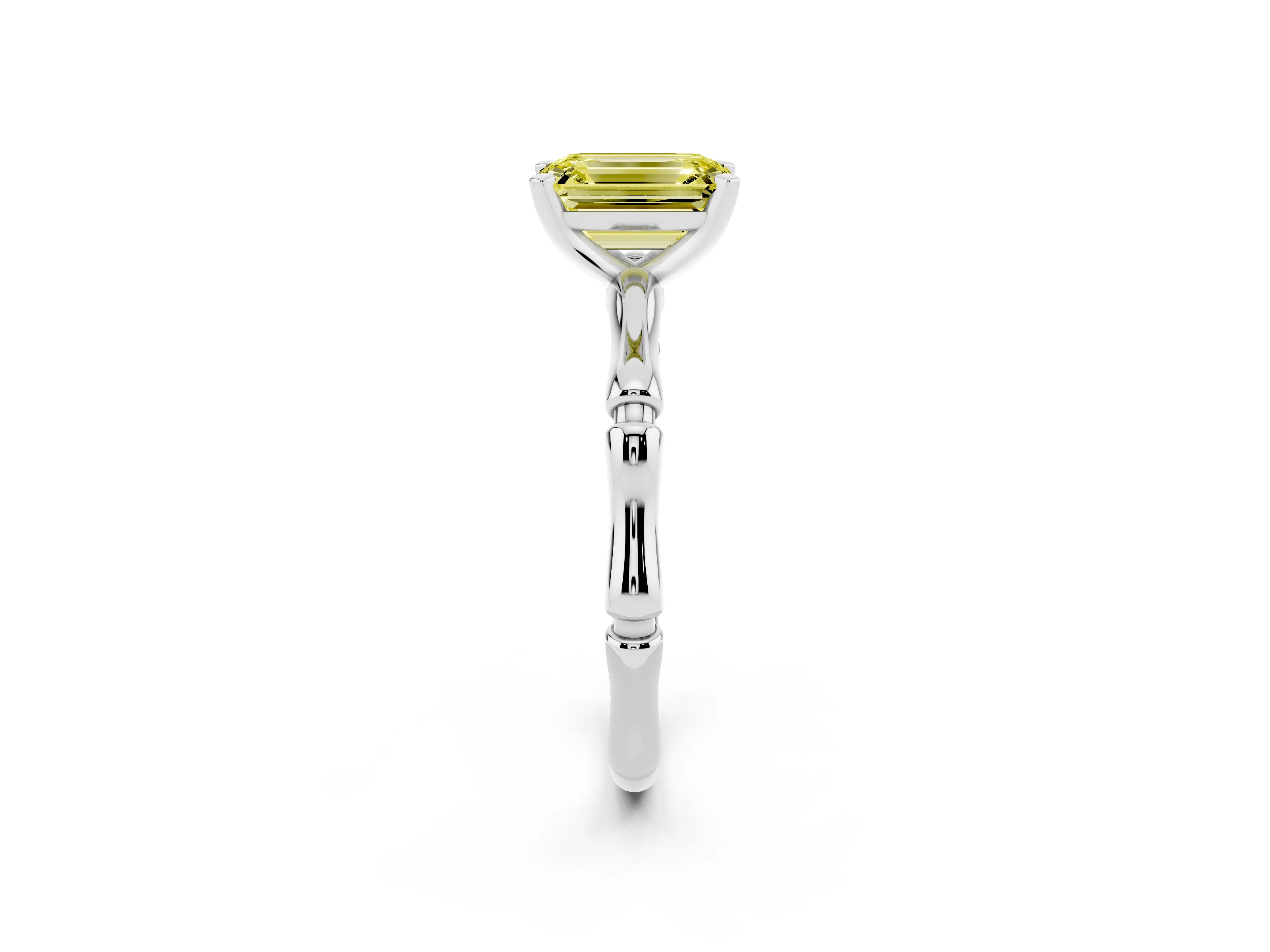 Fancy Yellow Emerald Cut Diamond Solitaire Ring Set in Platinum with Bamboo Band and Prong Setting