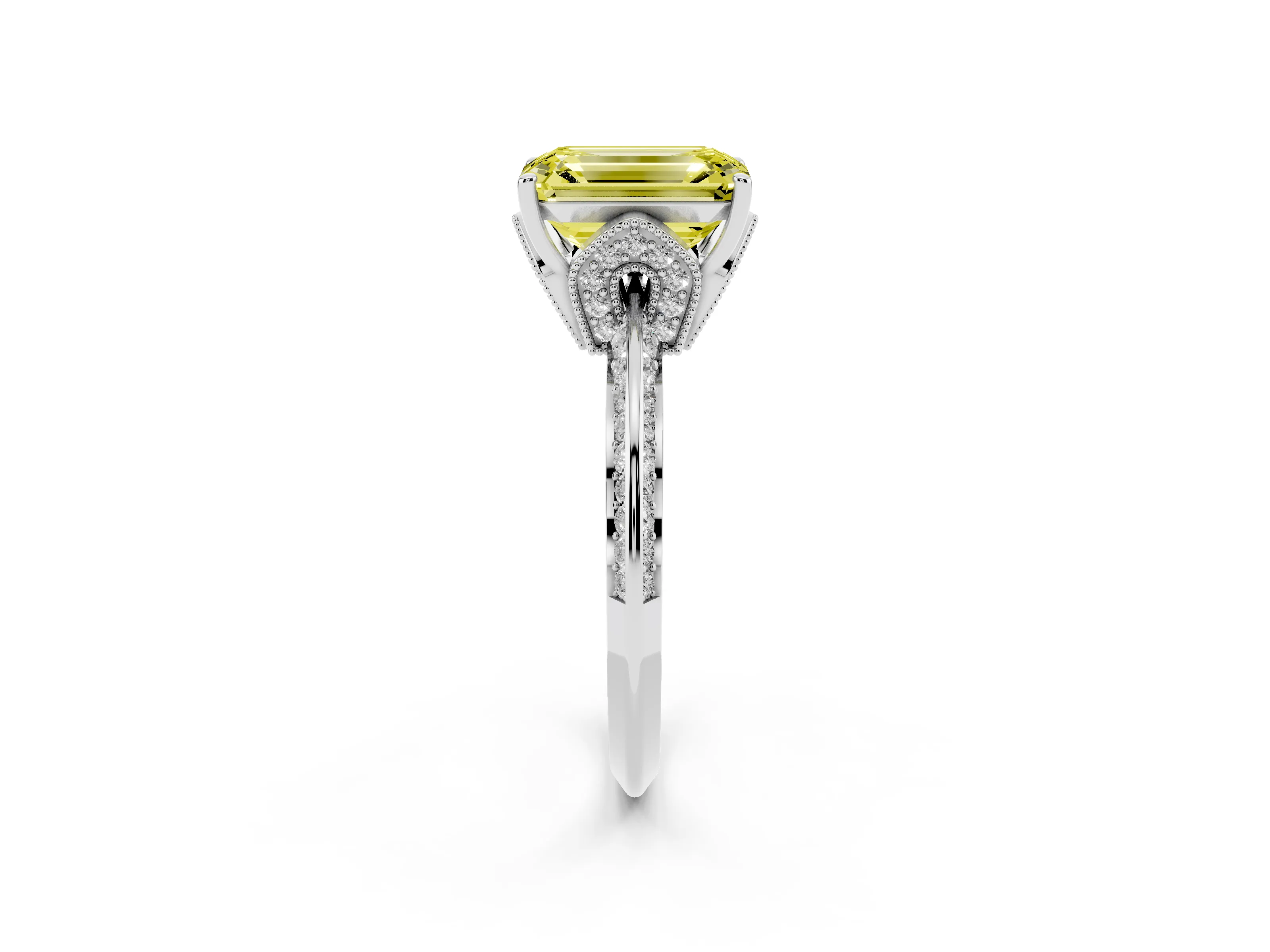 Fancy Yellow Emerald Cut Diamond Solitaire Engagement Ring Set in Platinum with Pavé Split Shank and Prong Setting