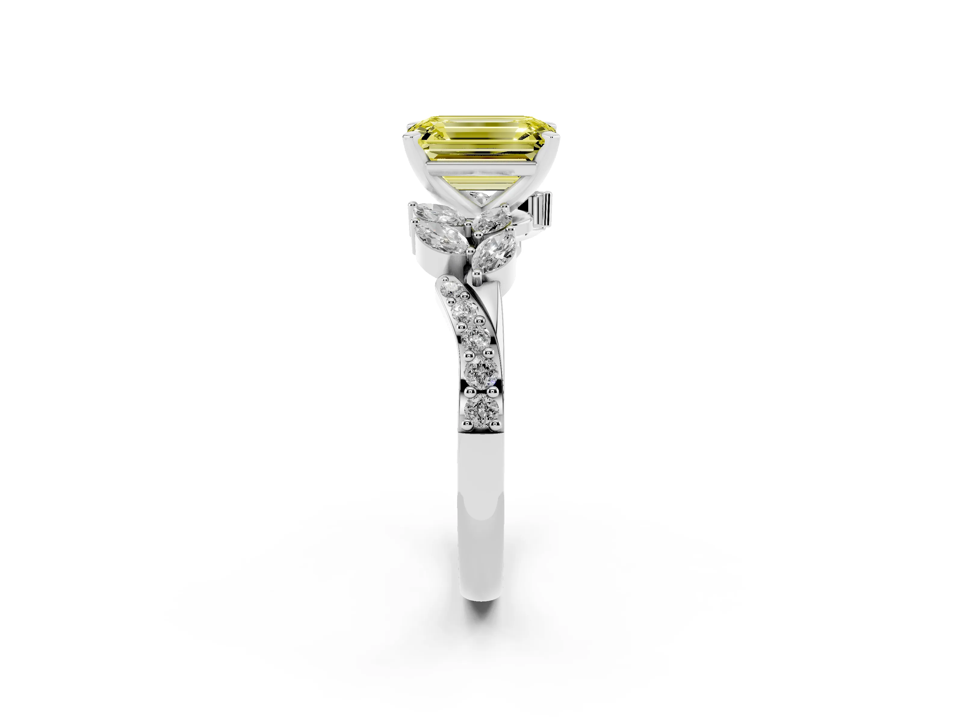 Fancy Yellow Emerald Cut Diamond Solitaire Ring Set in Platinum with Marquise Twist Band and Prong Setting