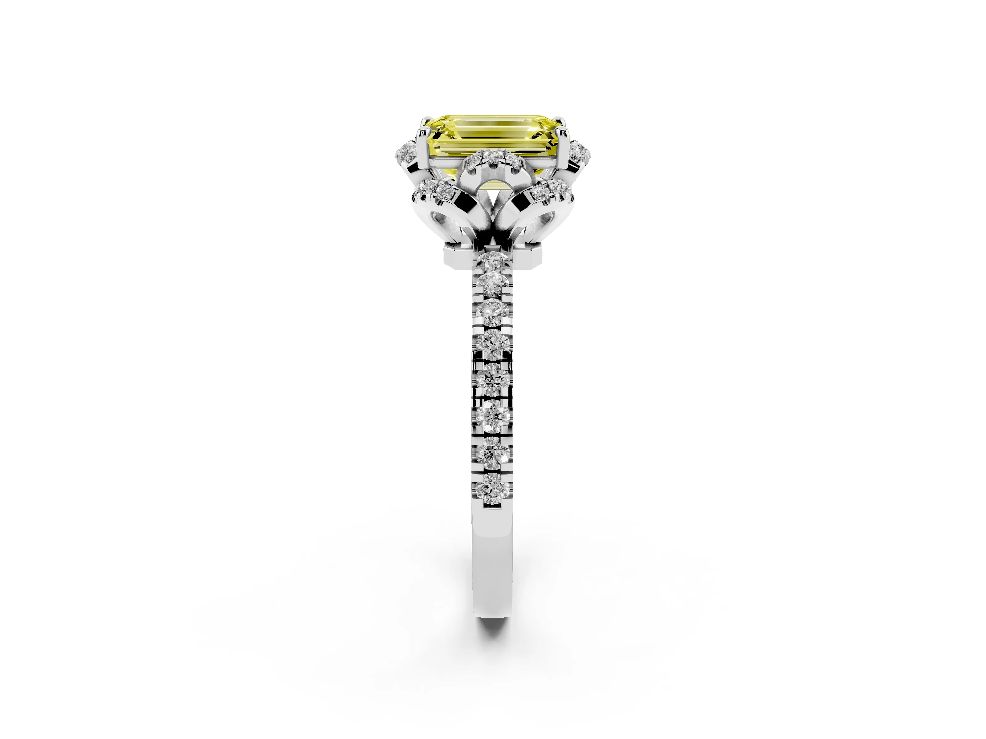 Fancy Yellow Emerald Cut Diamond Halo Pavé Band Ring Set in Platinum with Prong-Held Center