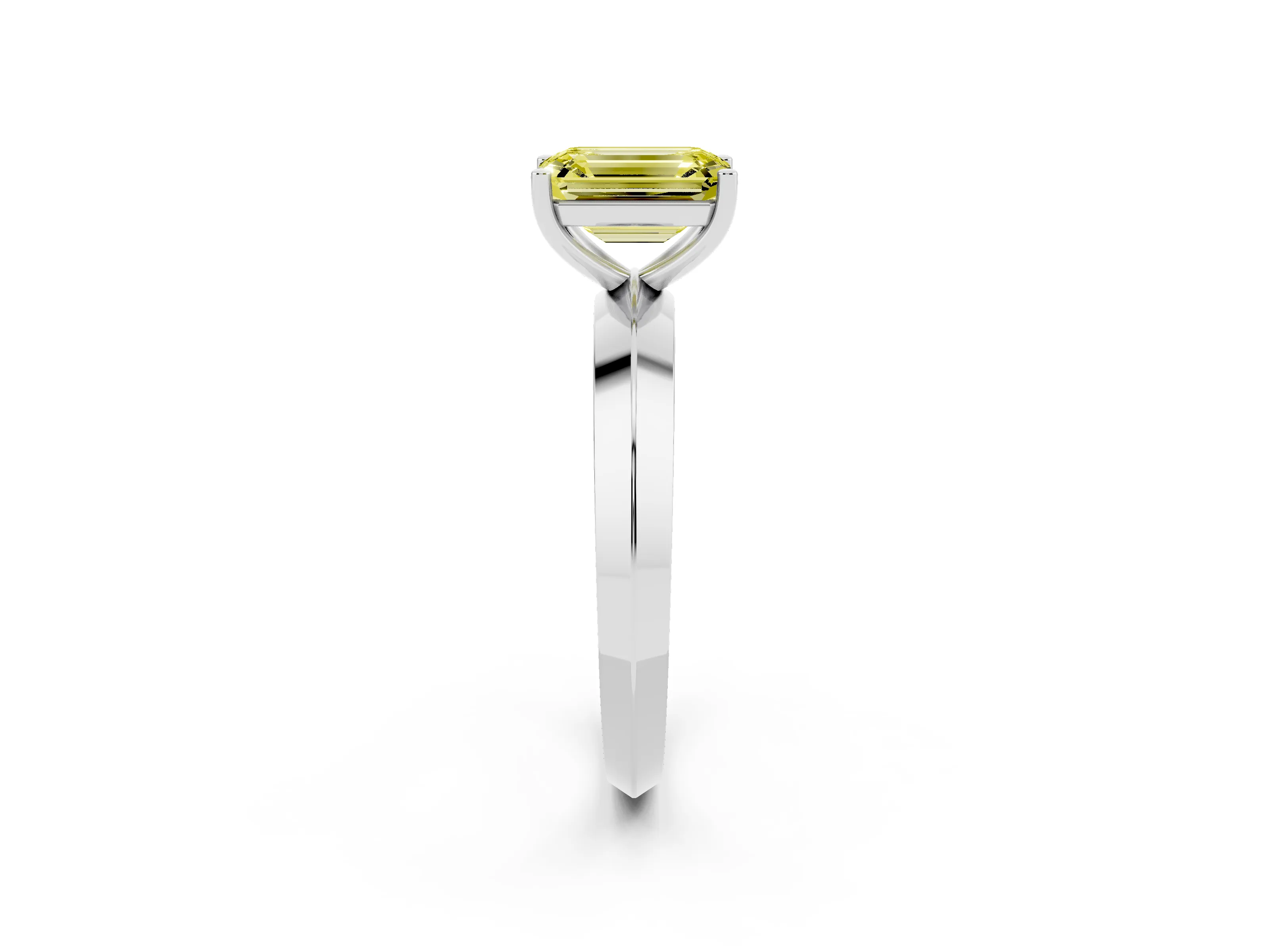 Fancy Yellow Emerald Cut Diamond Solitaire Engagement Ring Set in Platinum with Flat Band and Prong Setting