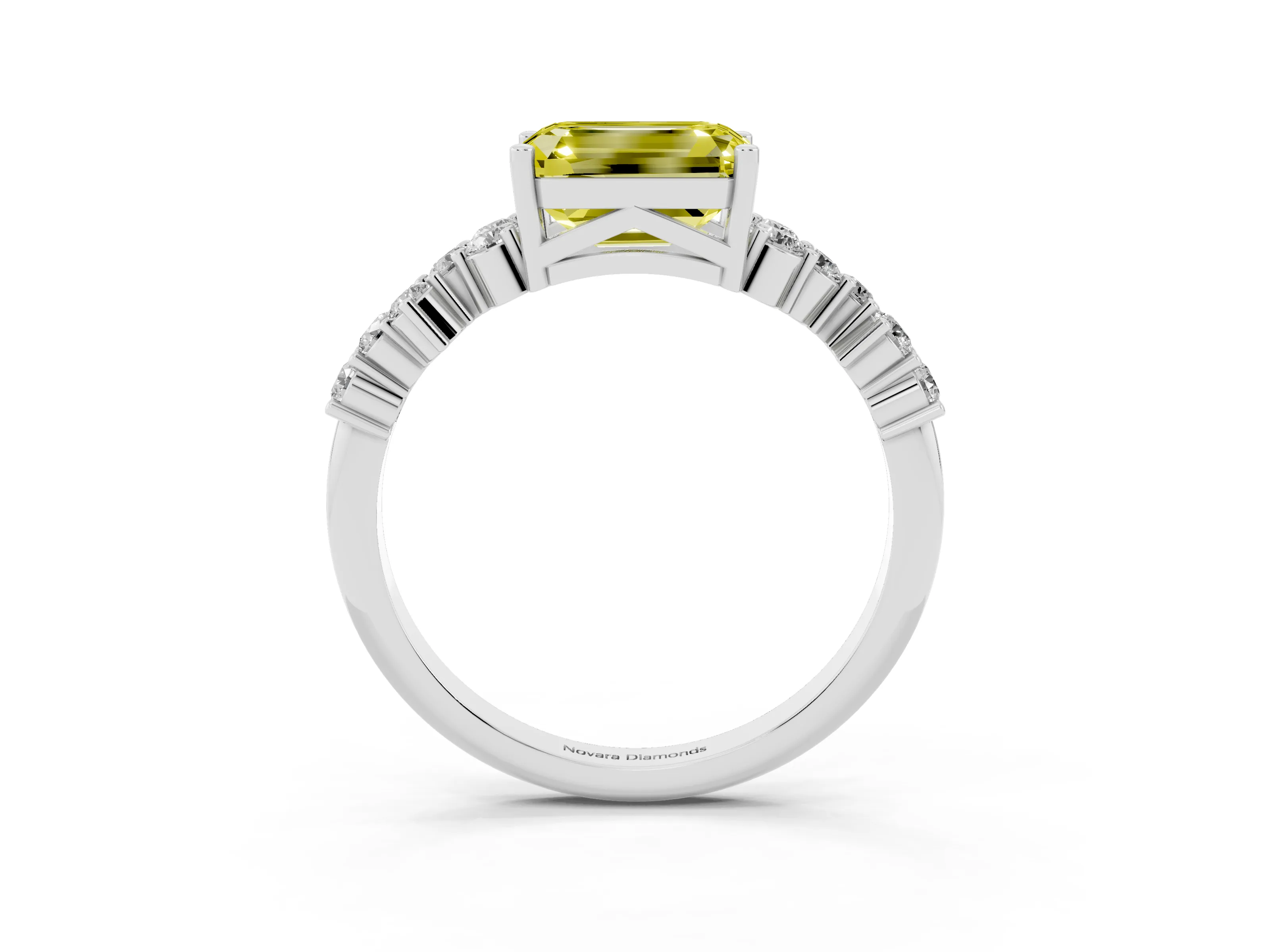 Fancy Yellow Emerald Cut Diamond Ring Set in Silver with Scattered Round Accents