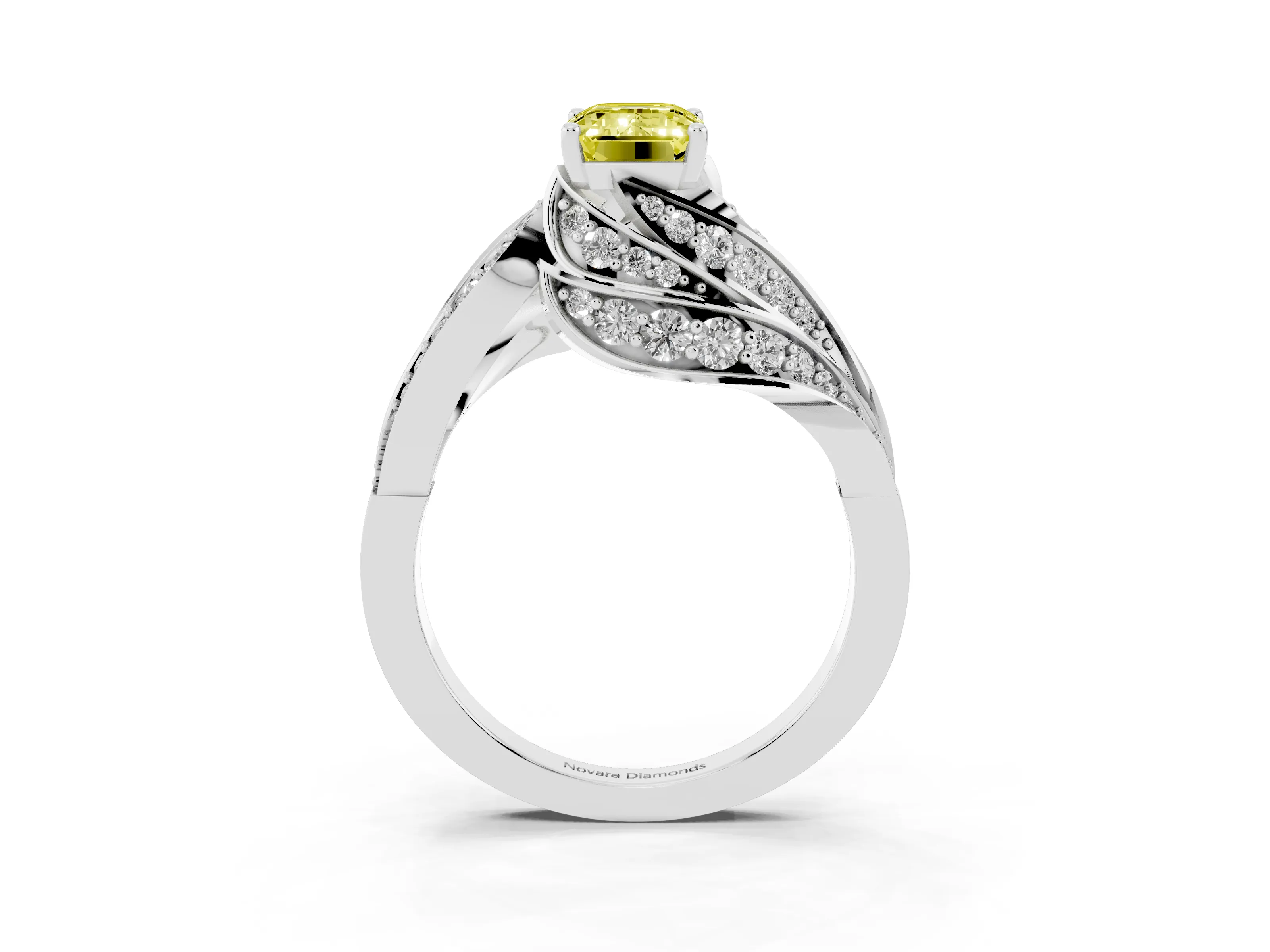 Fancy Yellow Emerald Cut Diamond Solitaire Ring Set in Silver with Layered Twist Pavé Band