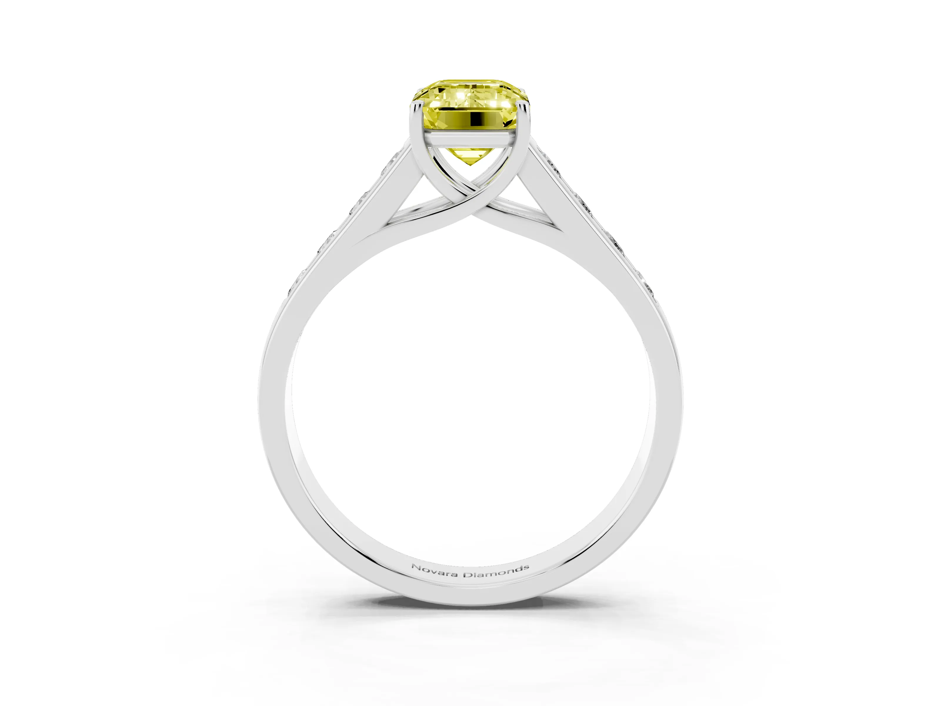 Fancy Yellow Emerald Cut Diamond Brilliant Channel-Set Solitaire Ring Set in White gold with Prong Setting
