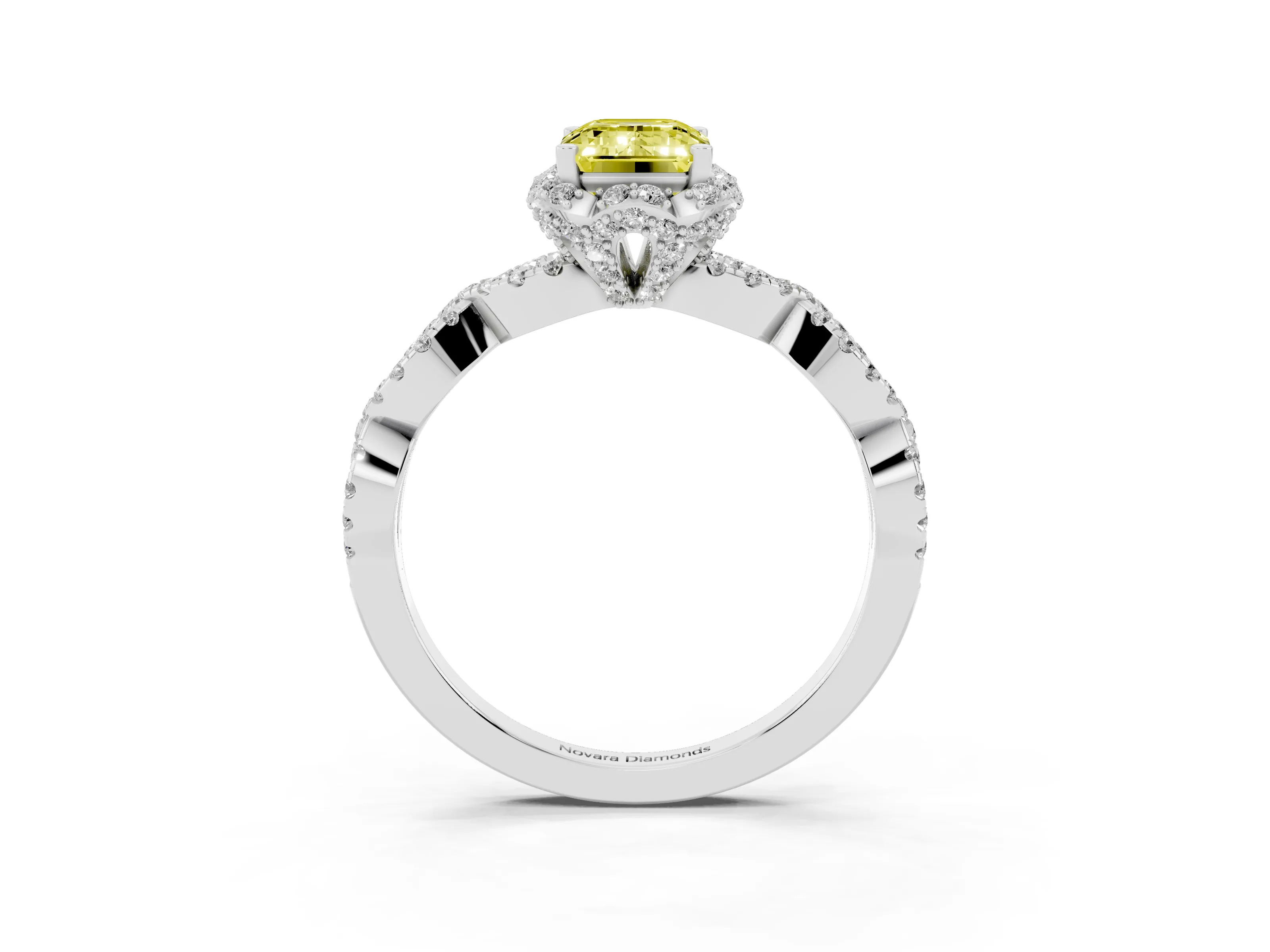 Fancy Yellow Emerald Cut Diamond Halo Twist Band Solitaire Ring Set in Platinum with Prong-Set Center Stone