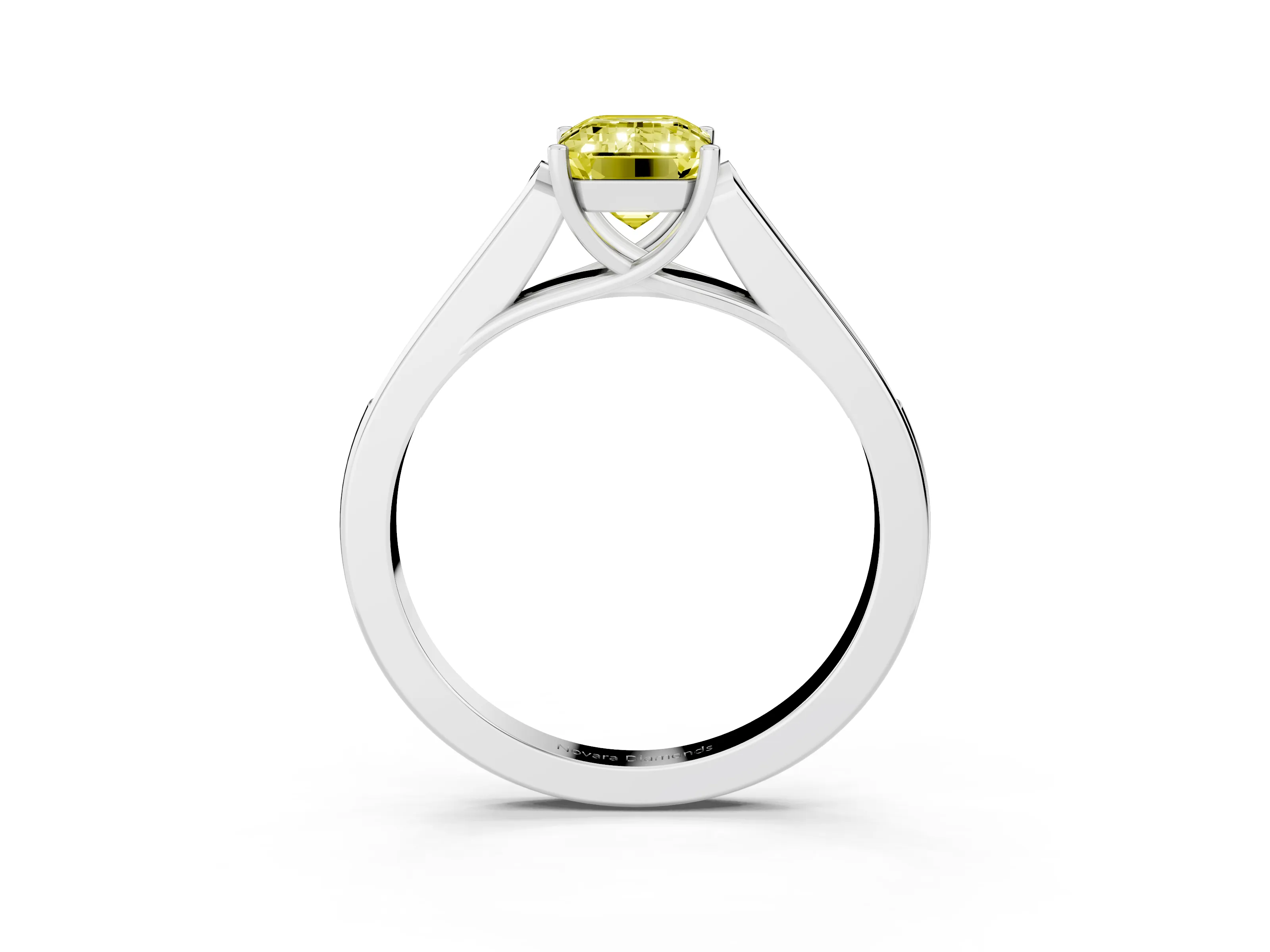 Fancy Yellow Emerald Cut Diamond Solitaire Cathedral Engagement Ring Set in Silver with Channel-Set Band and Prong Setting
