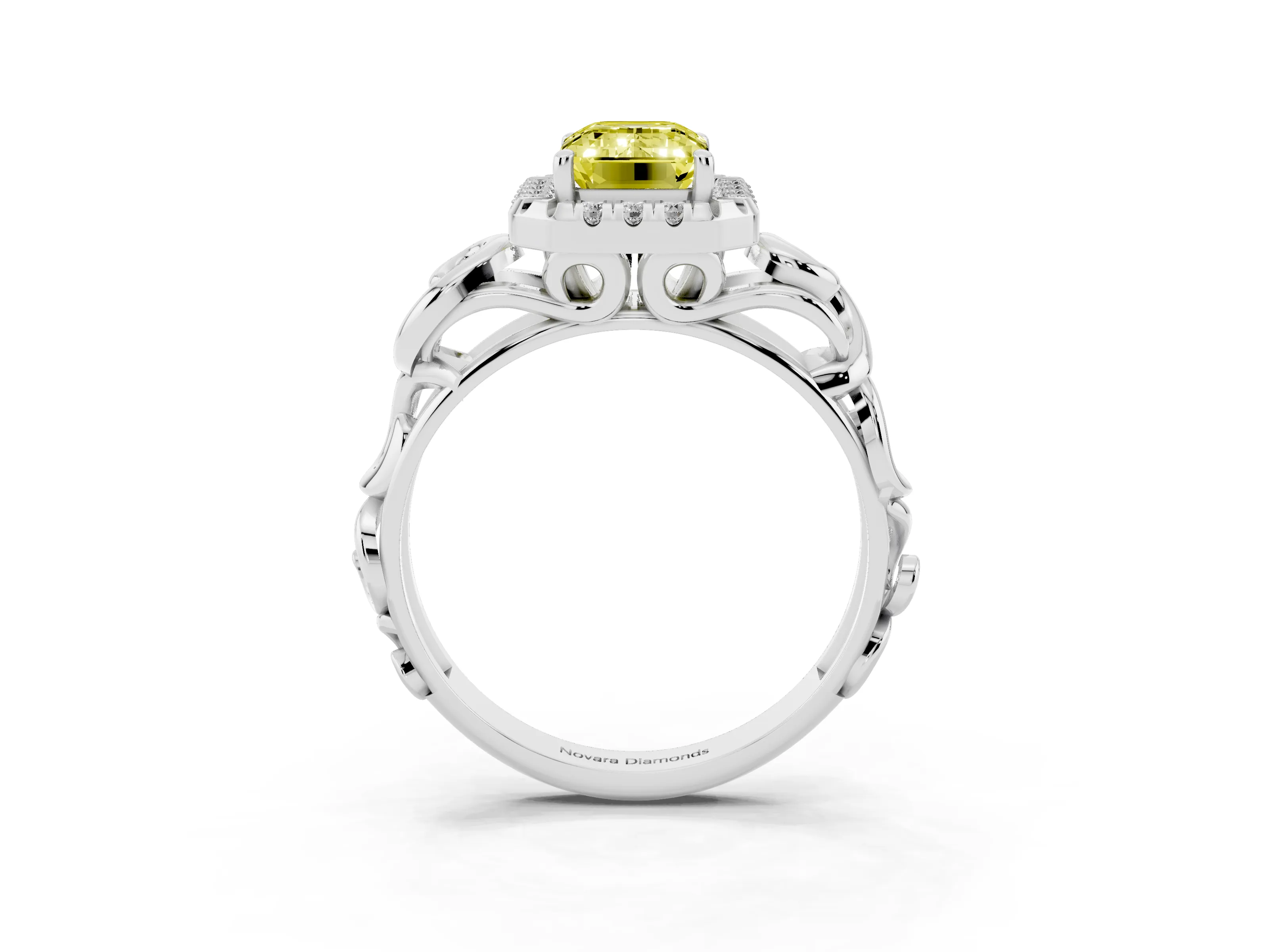 Fancy Yellow Emerald Cut Diamond Halo Ring Set in White gold with Scrollwork Band and Prong Setting