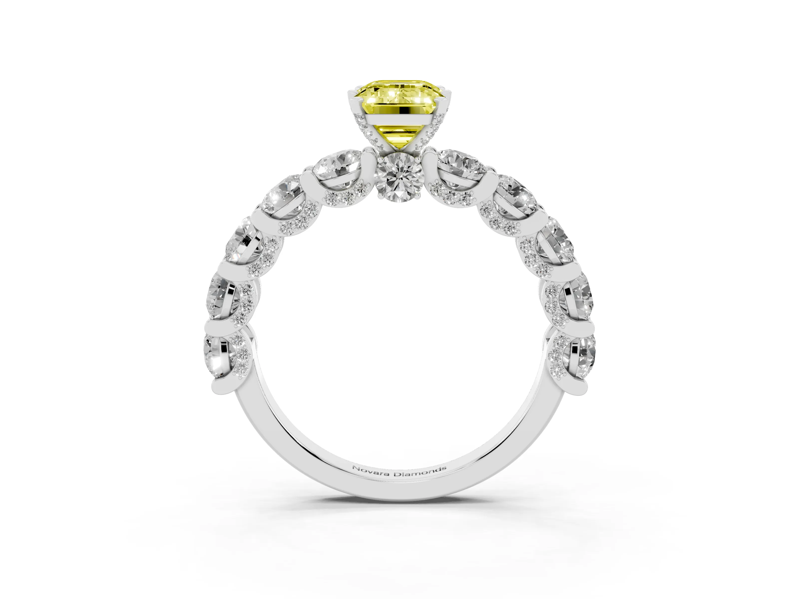 Fancy Yellow Emerald Cut Diamond Side Stone Ring Set in White gold with Alternating Round and Oval Side Stones