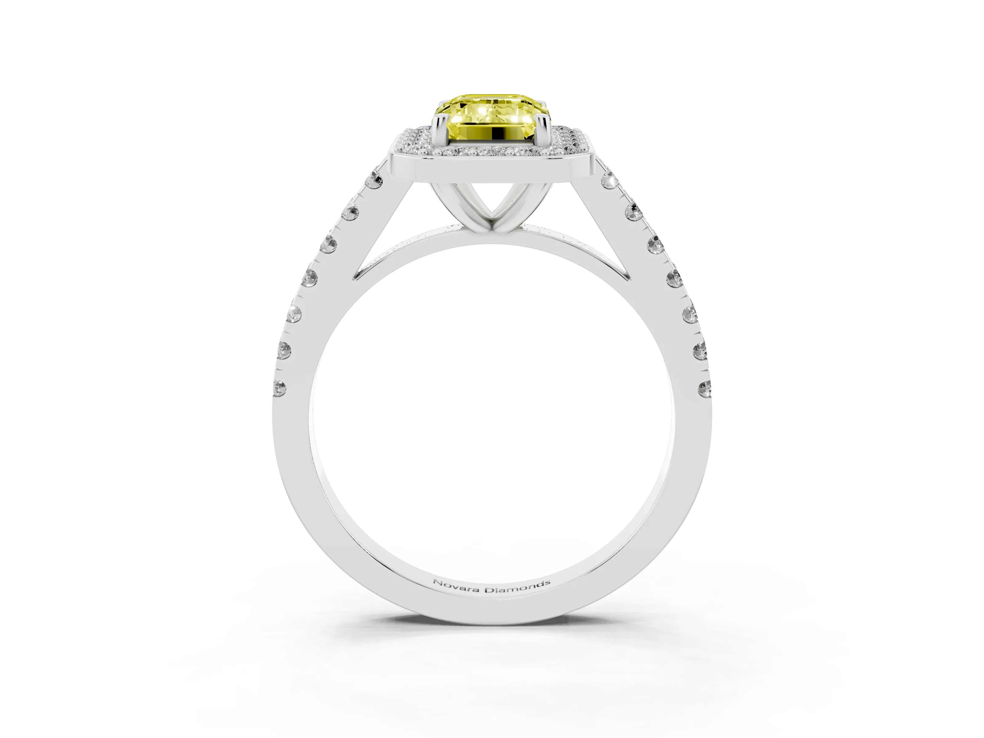 Fancy Yellow Emerald Cut Diamond Halo Ring Set in Silver with Round Pavé Split Shank and Prong Setting