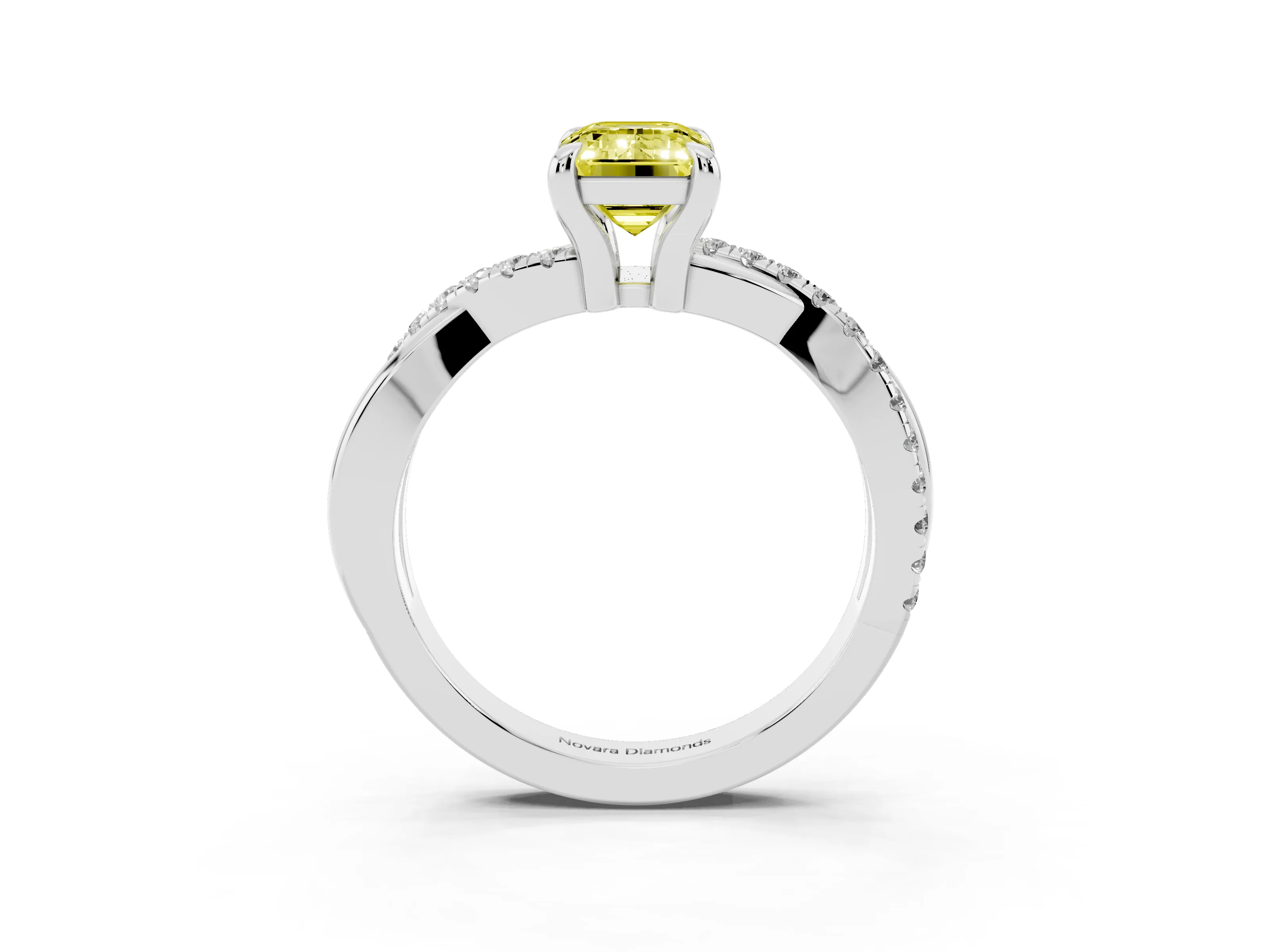 Fancy Yellow Emerald Cut Diamond Twist Band Pavé Solitaire Ring Set in Silver with Prong Setting