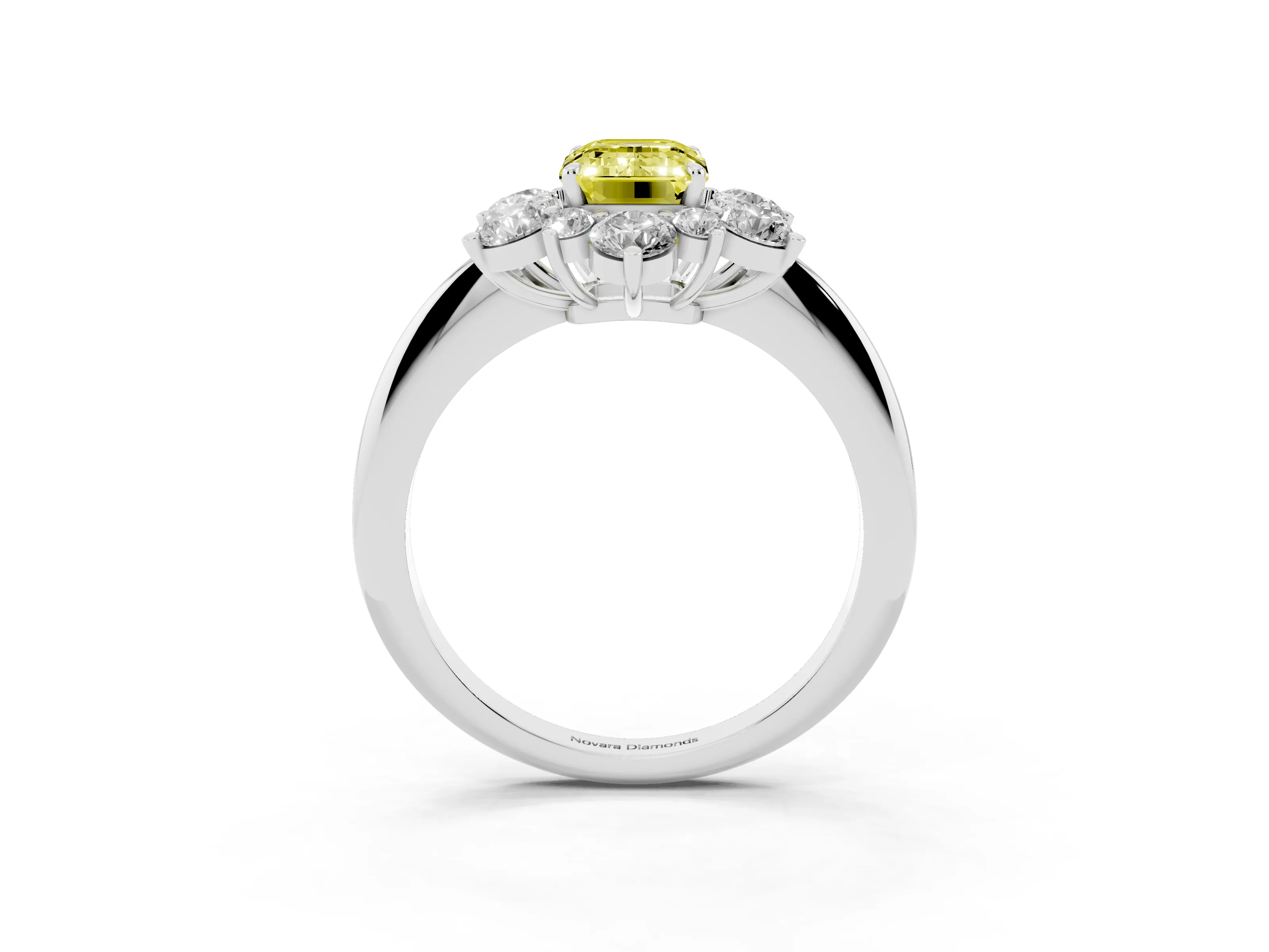 Fancy Yellow Emerald Cut Diamond Cluster Halo Ring Set in White gold with Solitaire Band and Prong Setting