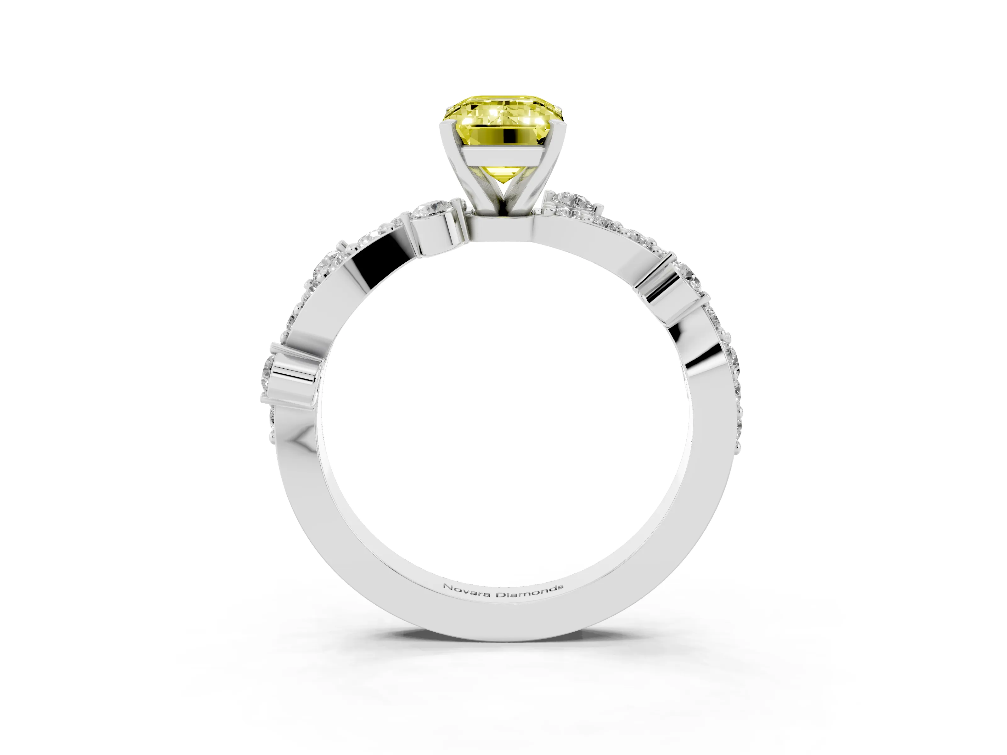 Fancy Yellow Emerald Cut Diamond Solitaire Twisted Band Set in Silver with Pavé Setting