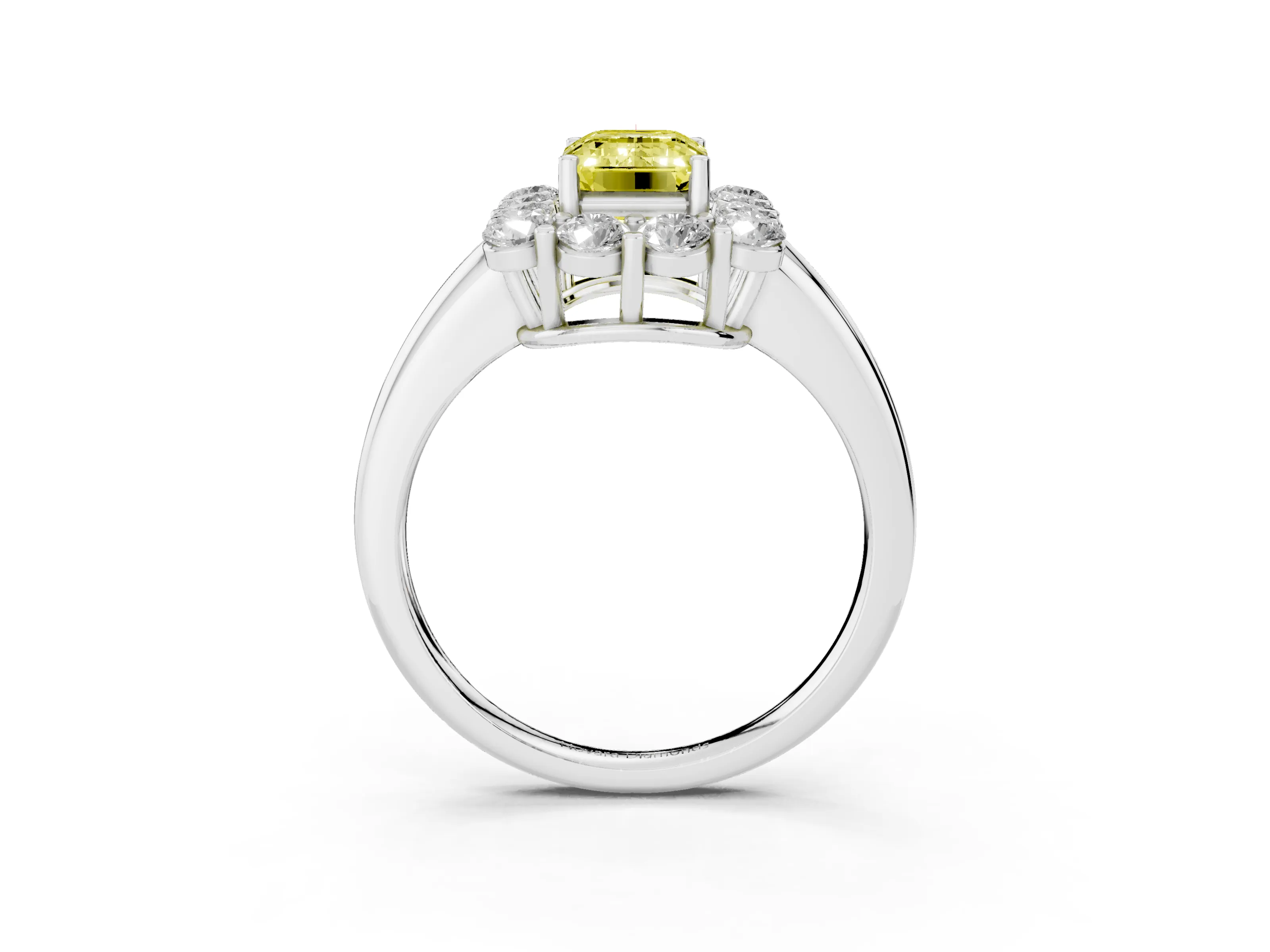 Fancy Yellow Emerald Cut Diamond Halo Cluster Engagement Ring Set in White gold with Polished Band and Prong Setting