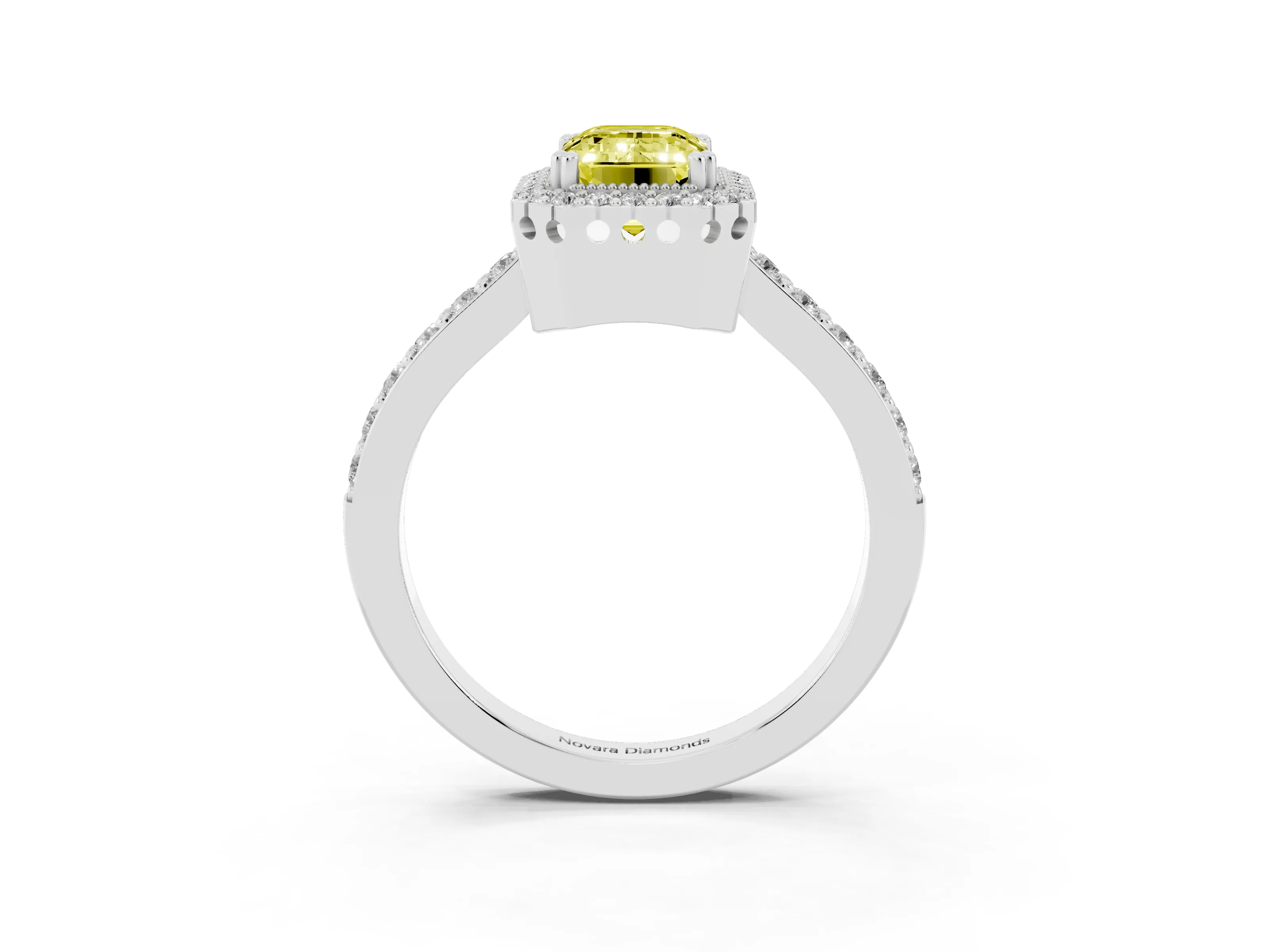 Fancy Yellow Emerald Cut Diamond Halo Engagement Ring Set in White gold with Milgrain Detail and Pavé Band