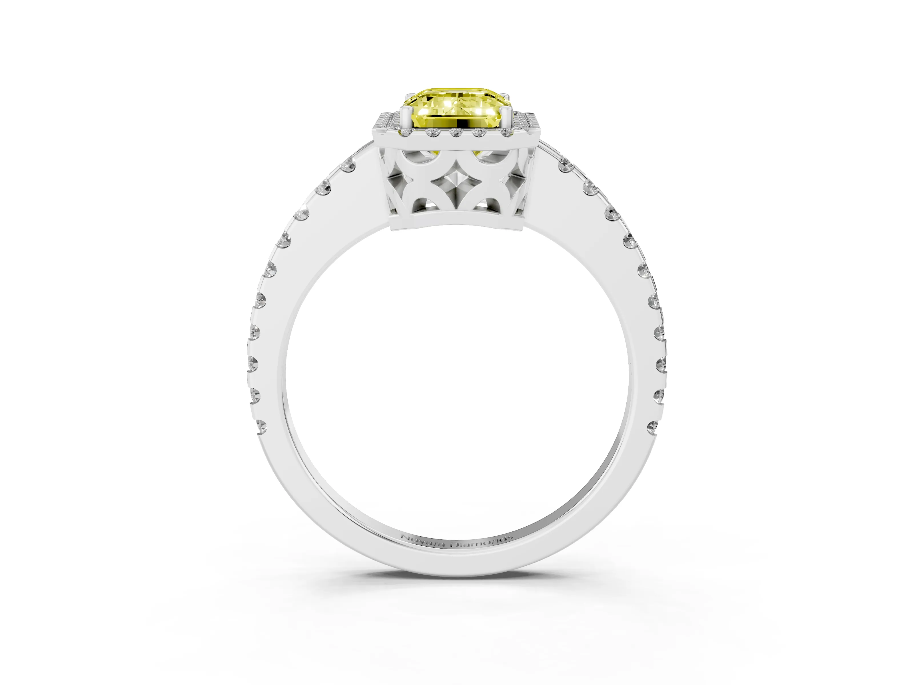 Fancy Yellow Emerald Cut Diamond Halo Ring Set in White gold with Pavé Shoulders and Halo-Framed Center